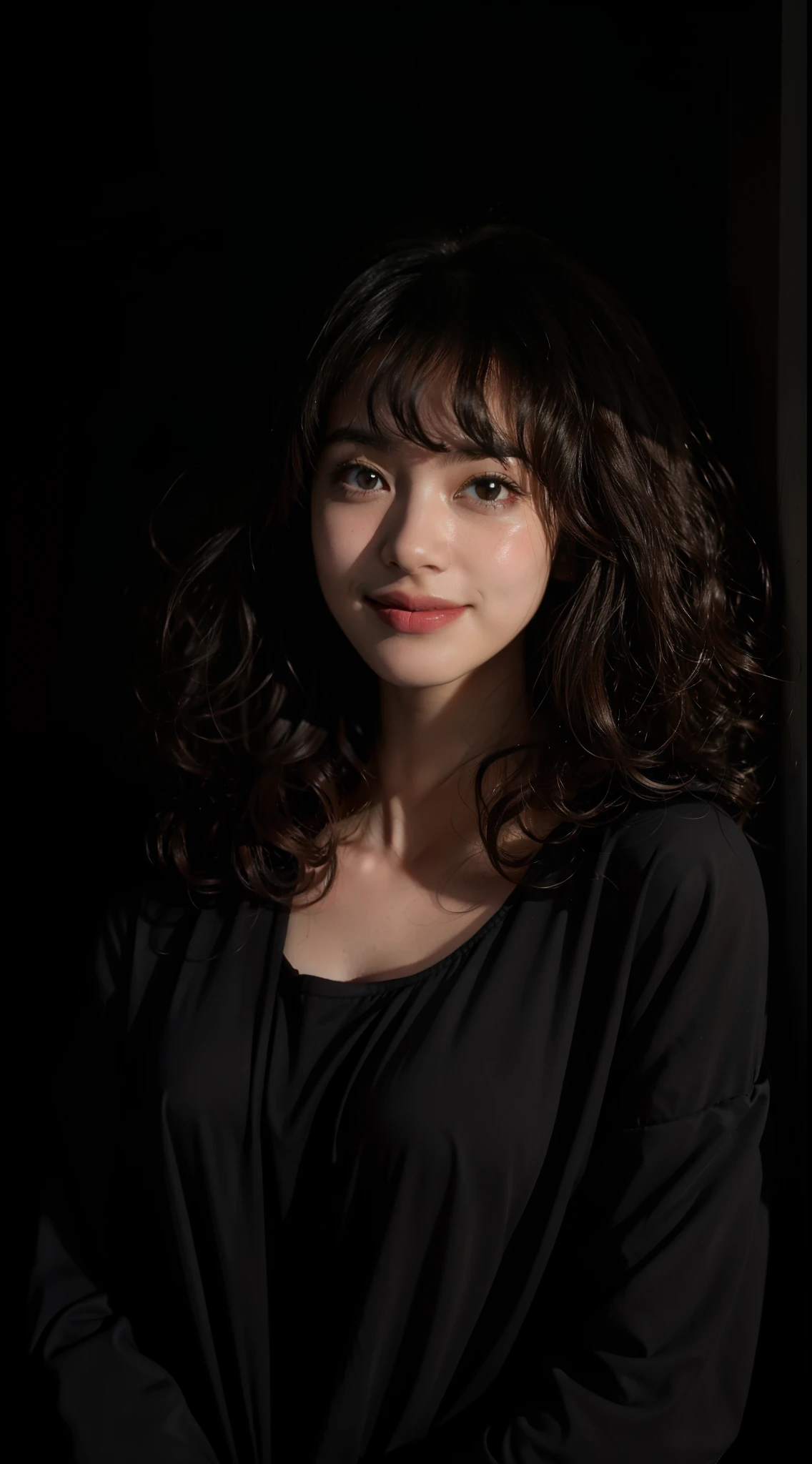 1girll,fake smile,Curly hair,In the dark,deepshadow