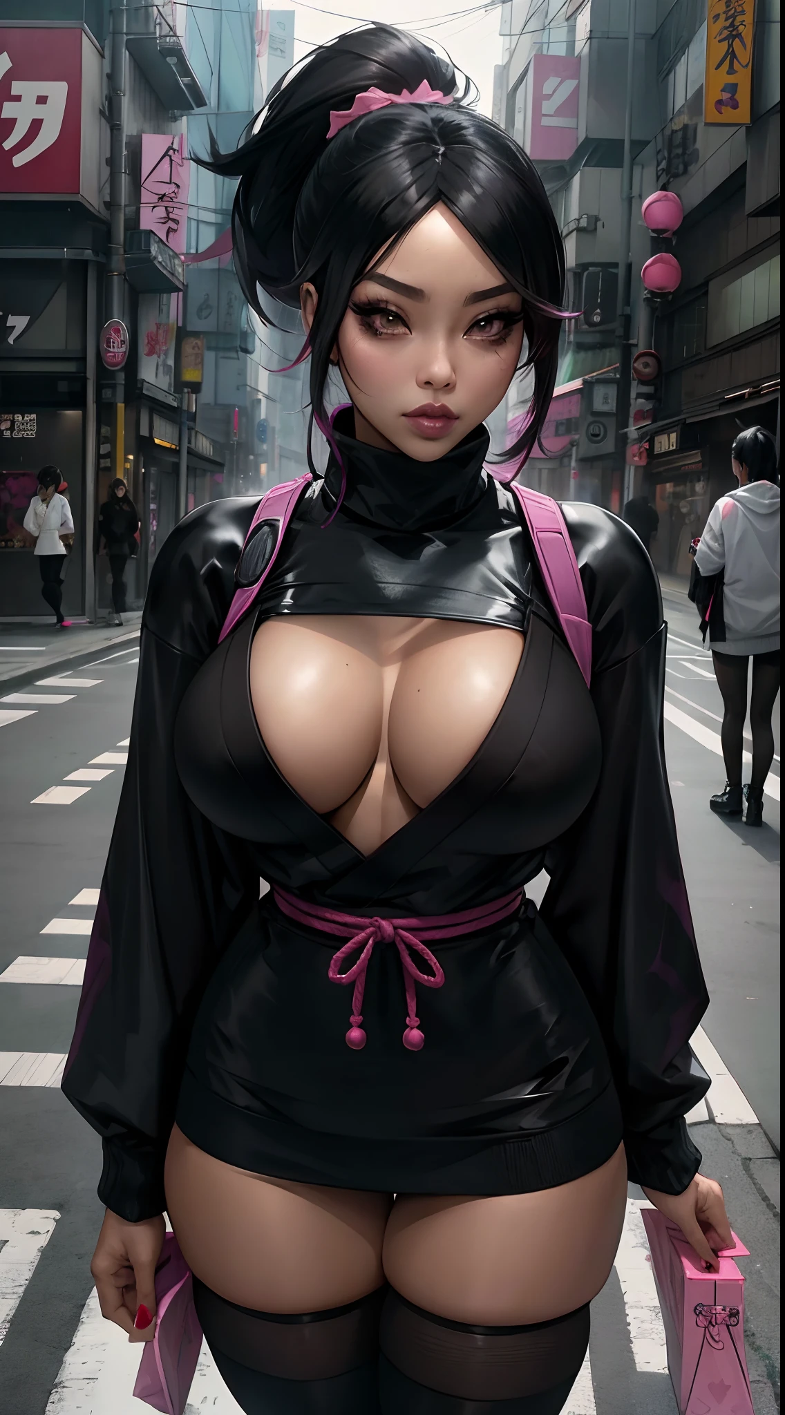 Cover magazine picture to asian woman, stunning sexy body, shaped muscular body , thick thighs, shaped thigs, garterlerg, sukeban girl, barbie-gyaru, with ponytail in black sweater and thigh high socks, japanese streetwear, woman in japanese city street , harajuku street fashion, wearing japanese techwear, sui ishida with black hair, black hime cut hair,