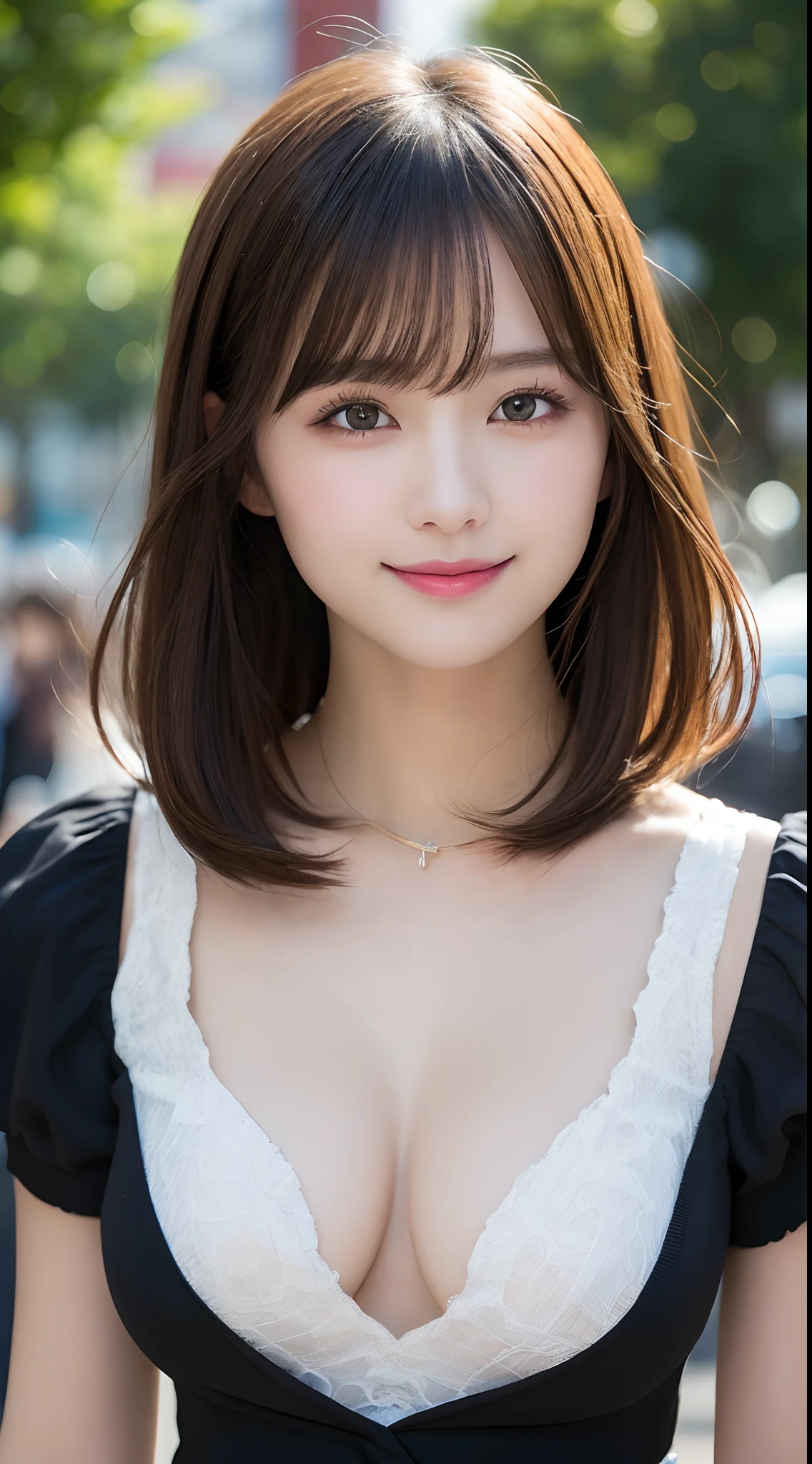 masutepiece, Best Quality, Illustration, Ultra-detailed, finely detail, hight resolution, 8K Wallpaper, Perfect dynamic composition, Beautiful detailed eyes, doress,Medium Hair, mid-chest, Natural Color Lip, Random and sexy poses,Smile,Aoyama Street Walk、20 years girl、Colossal tits、Too much exposure、No shoulder knitwear（Red）、Exposing the chest、Slid