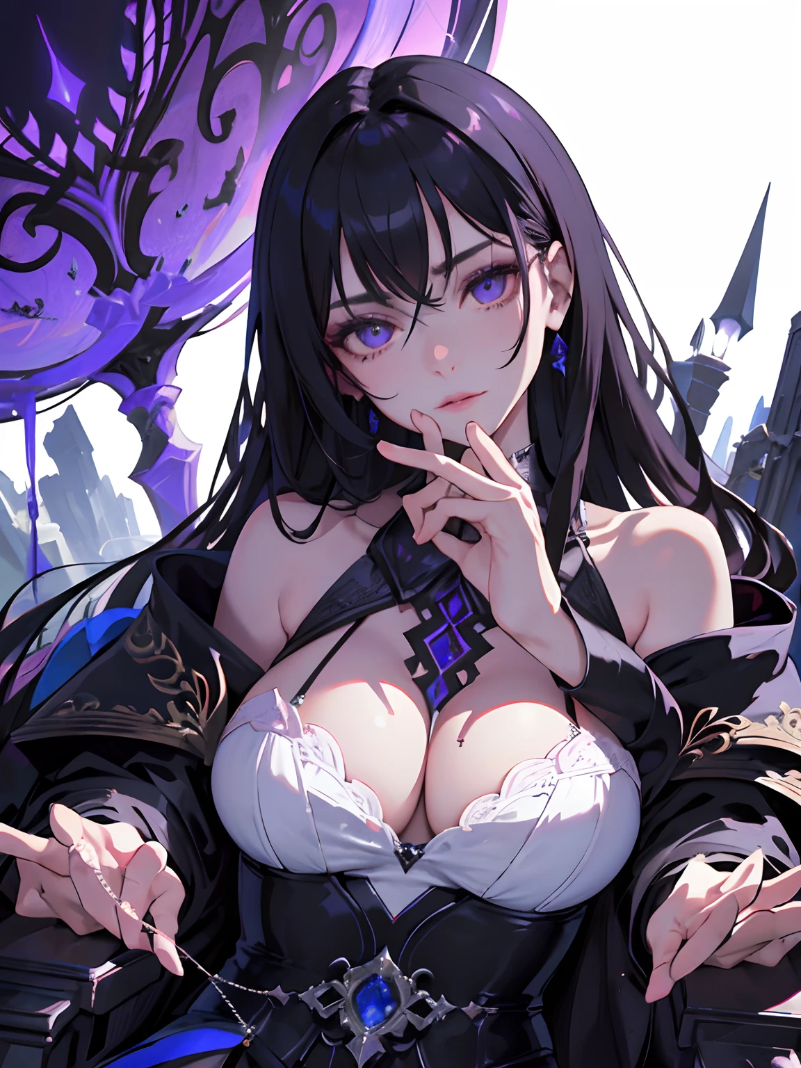 ((masterpiece, best quality)), (1girl), (solo), (female focus), (dark hair, long hair), purple eyes, arms behind back, sad eyes, cold facial expression, cold look, gothic dress, pale skin, colour grading, dark illustration, extreme quality, radiant, extremely detailed, ultra-detailed face, ultra hd 8k, ultra digitality, mythical, dark lightning, perfect face, beautiful, (perfect composition: 1. 4), detailed face and body, award-winning photography , fields, detailed face, detailed hands, looking at the viewer, cinematic lighting, embers, fantasy background, water splashes, foggy haze, (necromancer), (villain), faux traditional media, (masterpiece, best quality, ultra-detailed, best shadow), (beautiful detailed face, feminine features), (best illumination), ((cinematic light)), colorful, hyper detail, dramatic light, intricate details, (dark circle under eyes), gothic, decadence, stunning, eerie
