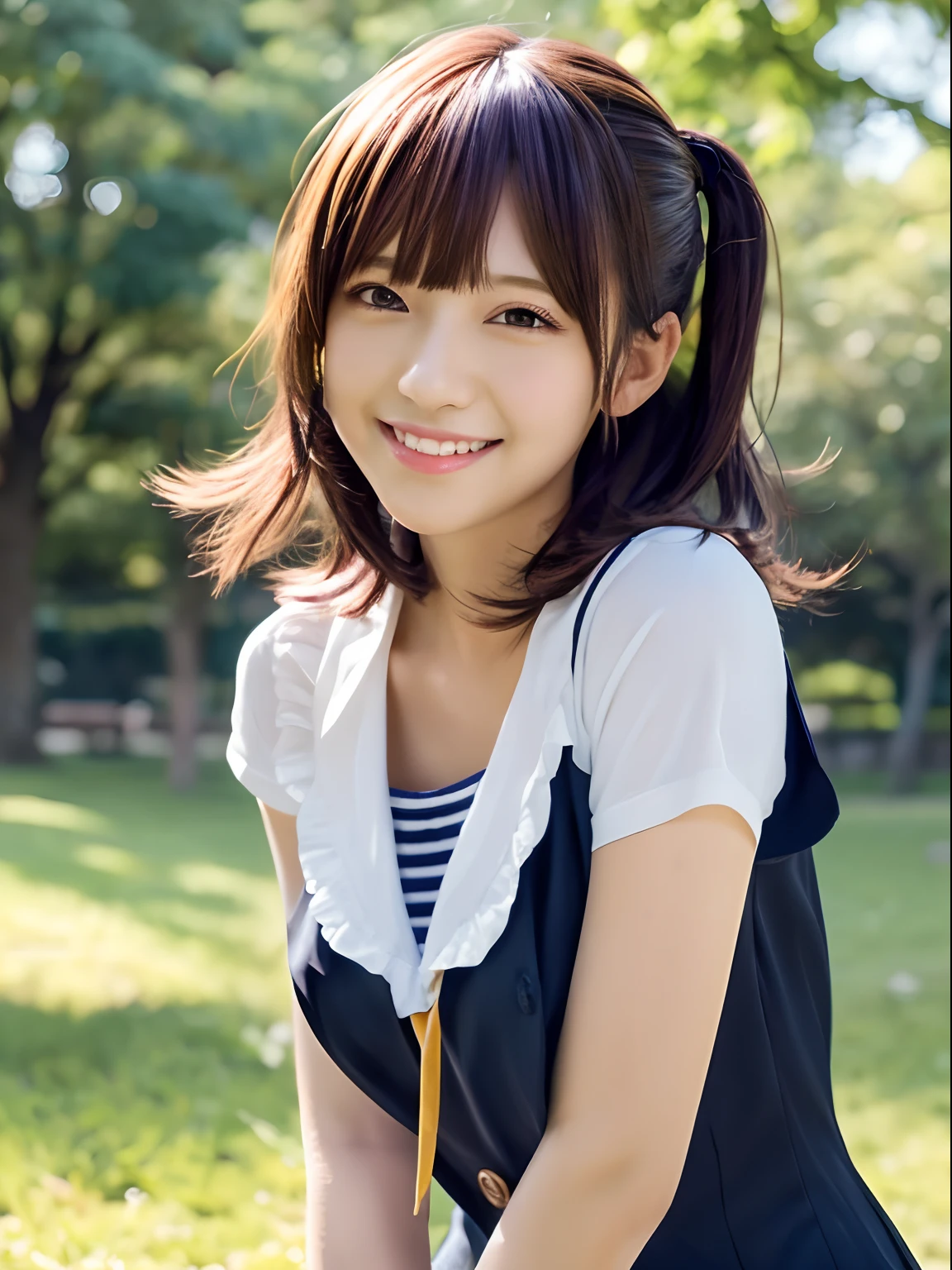 ((masutepiece)), (((Best Quality))), ((Ultra-detailed)), ((Illustration)), ((disheveled hair)), huge-breasted:1.8.Girl posing in park, Seductive Anime Girl, a hyperrealistic schoolgirl, a hyperrealistic schoolgirl, oppai, Smooth Anime CG Art, Japan schoolgirl, Ecchi, Teasing smile