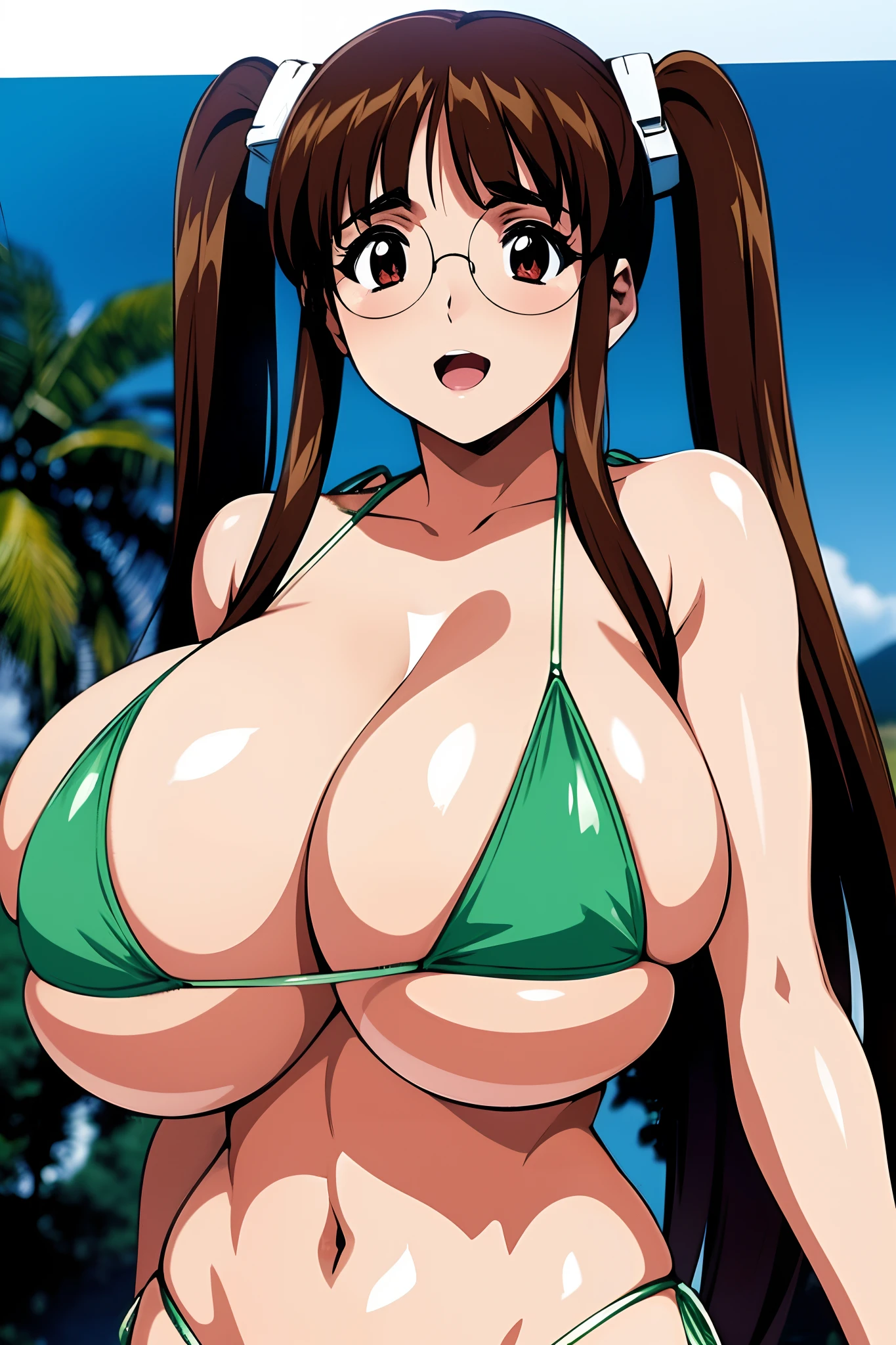 NSFW,90s anime style、Anime cel drawing style, Manga style,First_Snow Light, ((Best Quality, High resolution))Arms up ,1girl in,Twin-tailed、Brown hair、 (Huge breasts:1.4), (Green Bikini:1.4), (eye glass:1.2),Beautiful face, (nose blush:1.2), lightsmile, (Beach),tight top, (Large crowds:1.3)、Looking at Viewer、cowboy shot、Breast squeeze,Opening Mouth