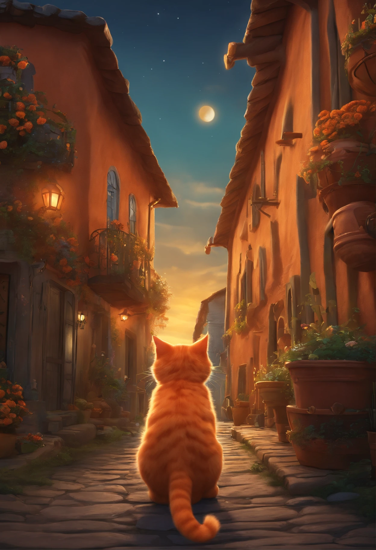 cartoon style back of a magical orange cat starting a adventure leaving a cute town at dawn