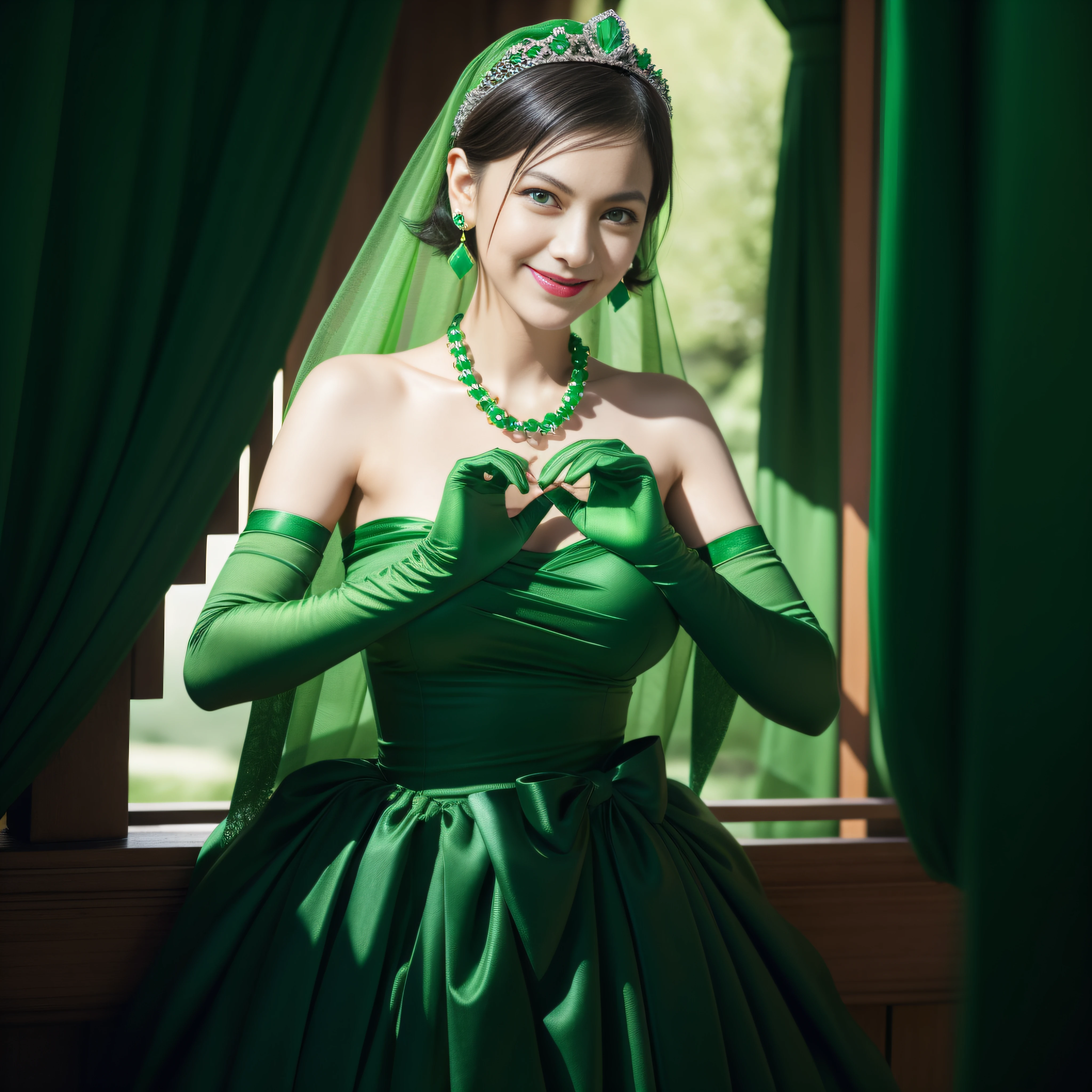 emerald tiara, Green Pearl Necklace, Boyish very short green hair, lipsticks, Japan woman smiling, very short short hair,  big breasts beautiful, Green eyes, Long green gloves made of satin material, Green eyes, Emerald Earrings, green vale, Heart with both hands