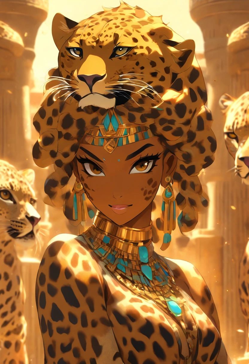 (((Leopard Skin Goddess))) best quality, very high resolution, 4K detailed CG, masterpiece, Egyptian mythology, Seshat, black woman, sun in the background, Ancient Egypt, Egyptian temple, leopard skin, Egyptian clothing , desert, Ancient Egypt, Egyptian mythology, ((leopard skin)), Egyptian palace, aesthetics, beautiful image, centered on screen, standing pose