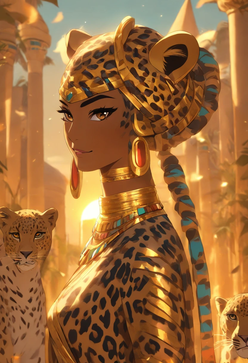 (((Leopard Skin Goddess))) best quality, very high resolution, 4K detailed CG, masterpiece, Egyptian mythology, Seshat, black woman, sun in the background, Ancient Egypt, Egyptian temple, leopard skin, Egyptian clothing , desert, Ancient Egypt, Egyptian mythology, ((leopard skin)), Egyptian palace, aesthetics, beautiful image, centered on screen, standing pose