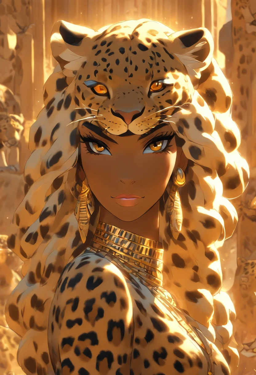 (((Leopard Skin Goddess))) best quality, very high resolution, 4K detailed CG, masterpiece, Egyptian mythology, Seshat, black woman, sun in the background, Ancient Egypt, Egyptian temple, leopard skin, Egyptian clothing , desert, Ancient Egypt, Egyptian mythology, ((leopard skin)), Egyptian palace, aesthetics, beautiful image, centered on screen, standing pose