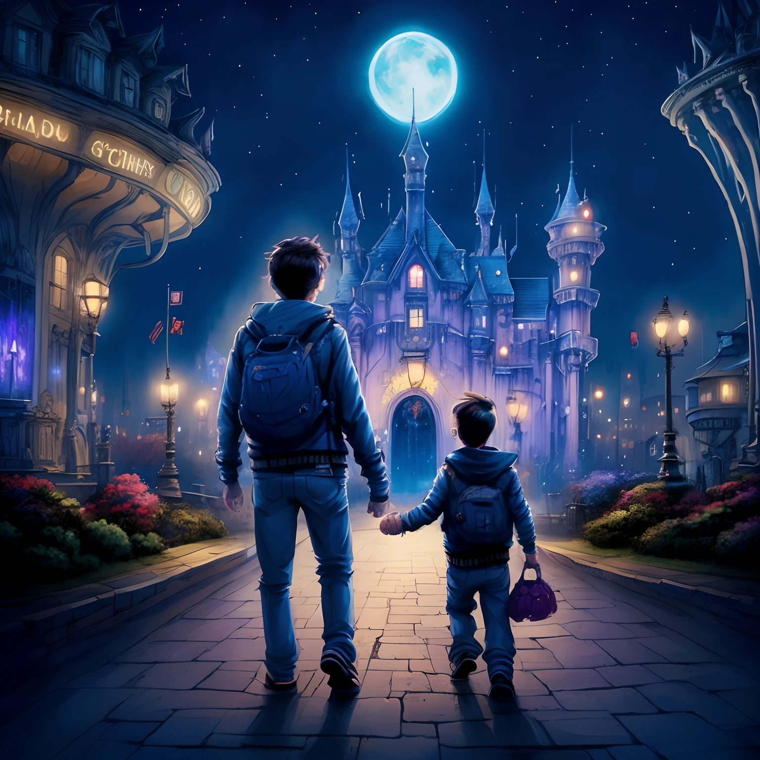 A man and a boy are walking on the street at night, stylized urban fantasy artwork, Killian En and Thomas Kinkade, inspired by Brothers Hildebrandt, Dan Mumford and Thomas Kinkade, cyril rolando and m.w kaluta, inspired by Brothers Hildebrandt, cyril rolando and m. w kaluta, background artwork