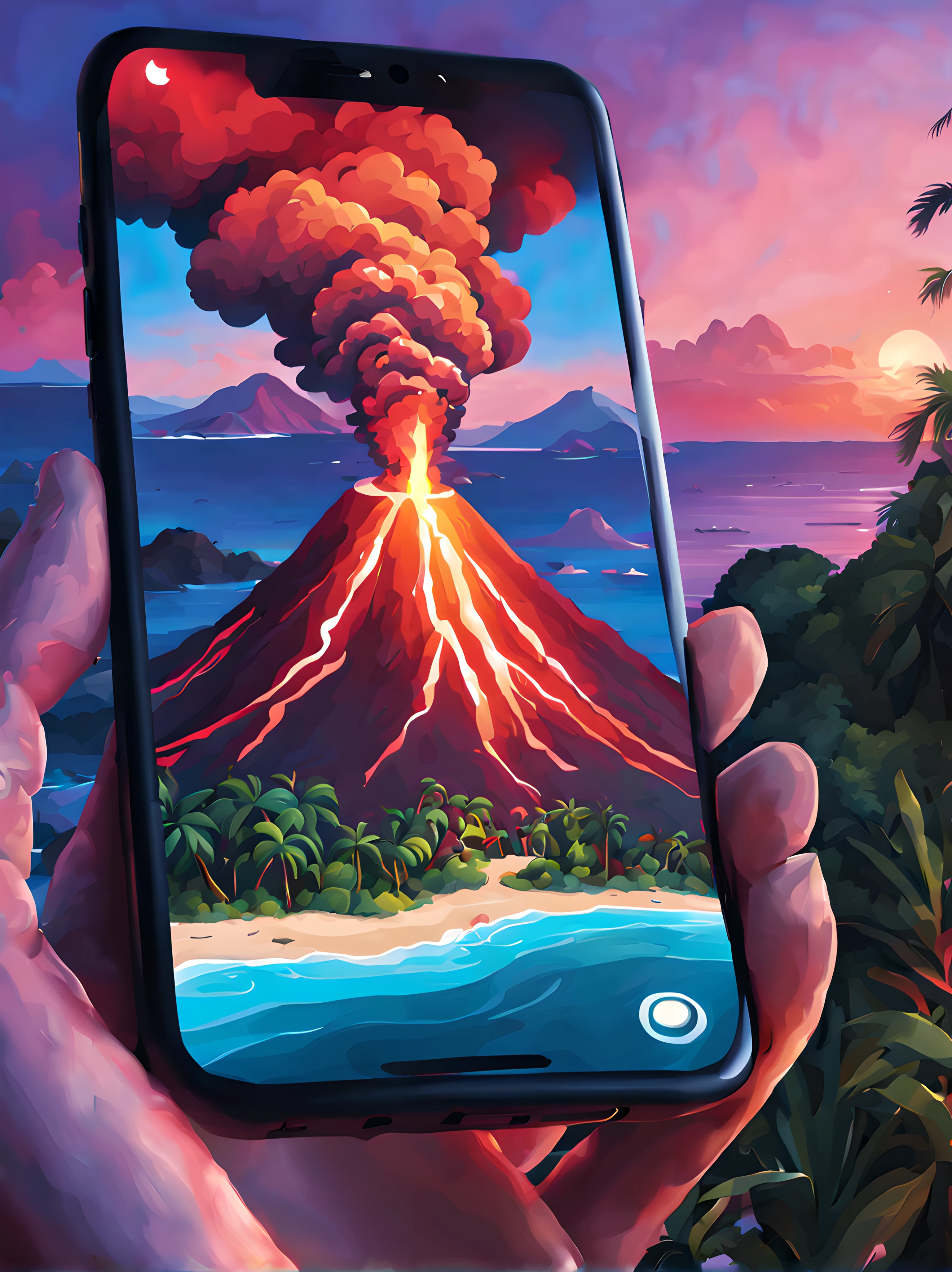 (inside a smartphone screen:1.3), (colorful cartoon), epic volcano eruption, lava flows, smoke, (breathtaking tropical island), romantic sky, beach