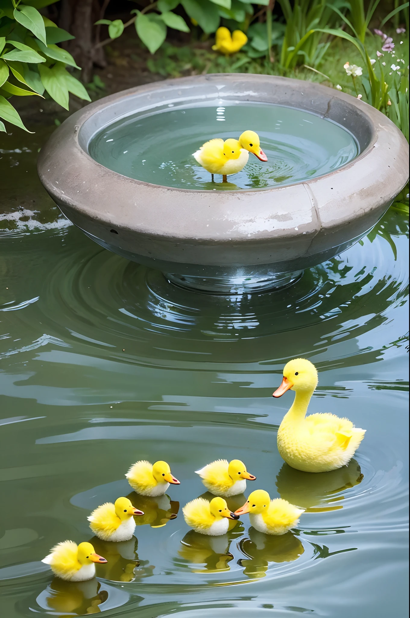 Araffe Japanese model, hyperrealistic, drinking water in a glass with lots of ice next to yellow ducklings in a meadow,