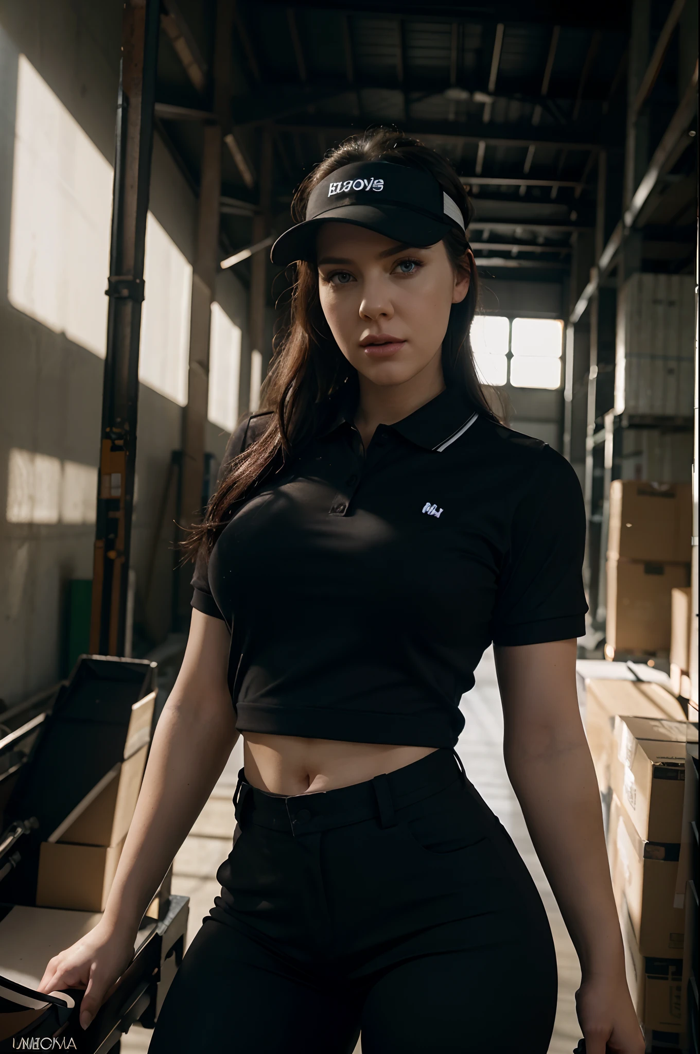 hyper realistic photo of Angela White, (wearing black pants, polo shirt, visor/uniform), in a warehouse, artificial light, edge lighting, soft shadows, deep shadows (Manual Focus)