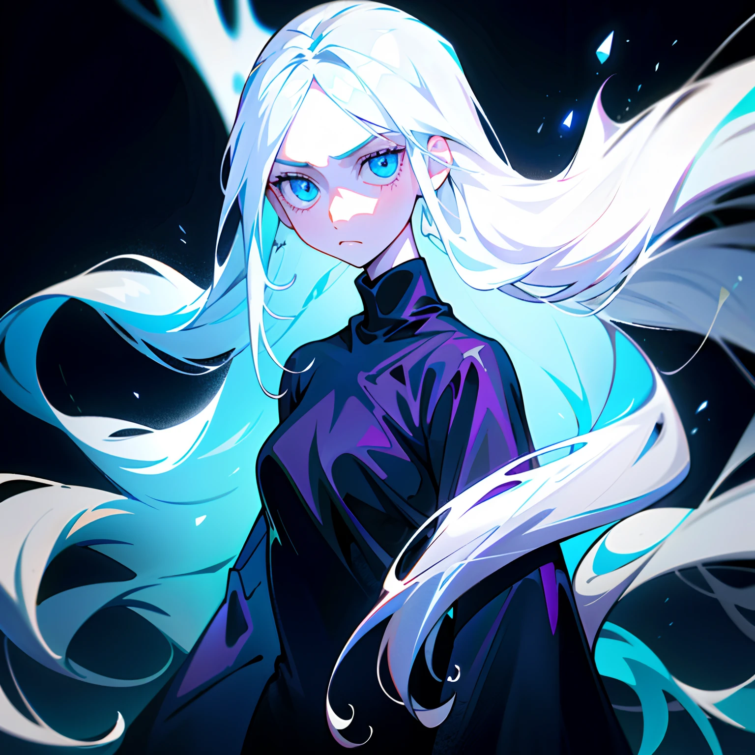 1 girl, ((solo)), a girl with long white hair, long hair, pale skin, simple body, black sweater, emotionless face, ice background, Palatinate Blue eyes, shiny eyes, ice ambience