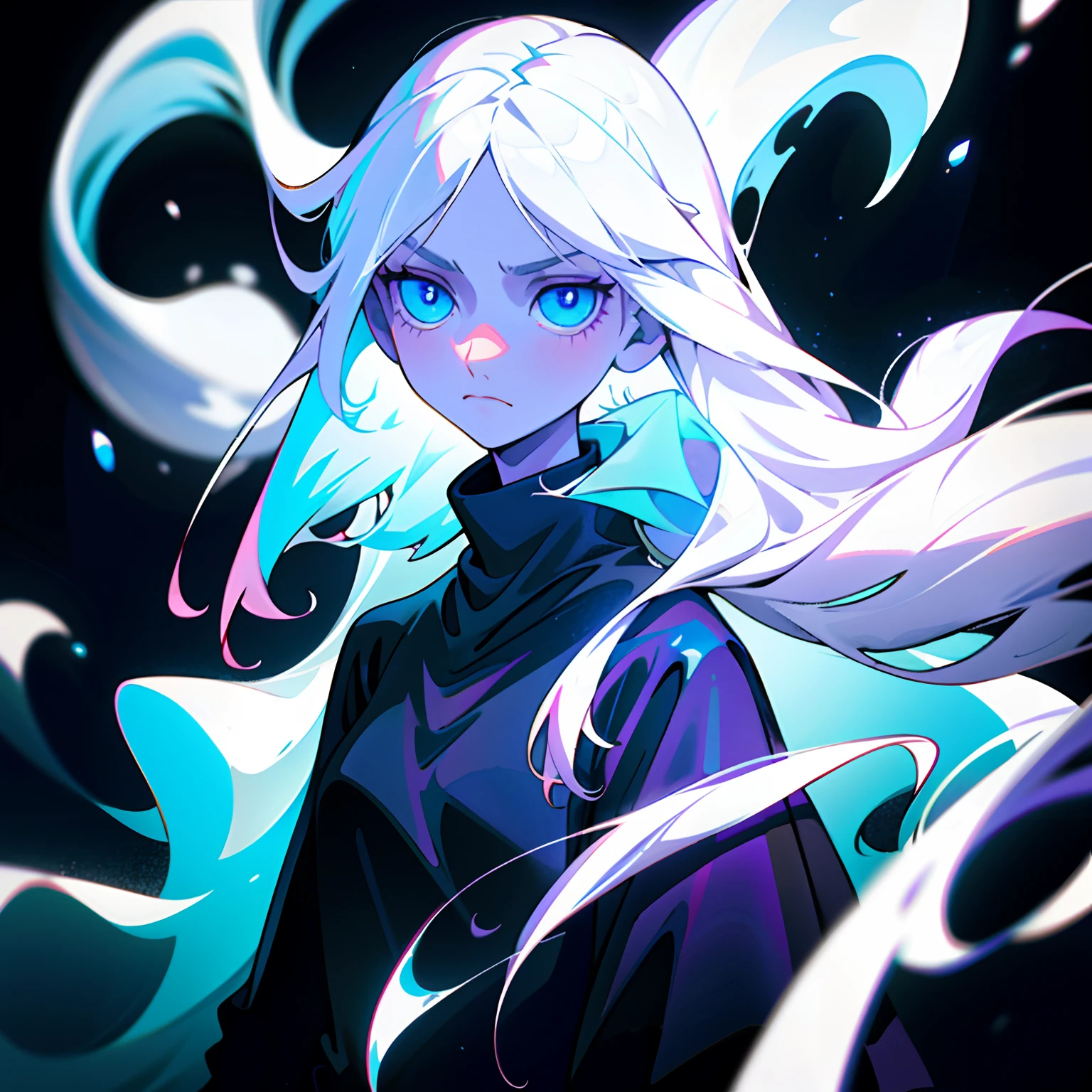 1 girl, ((solo)), a girl with long white hair, long hair, pale skin, simple body, black sweater, emotionless face, ice background, Palatinate Blue eyes, shiny eyes, ice ambience