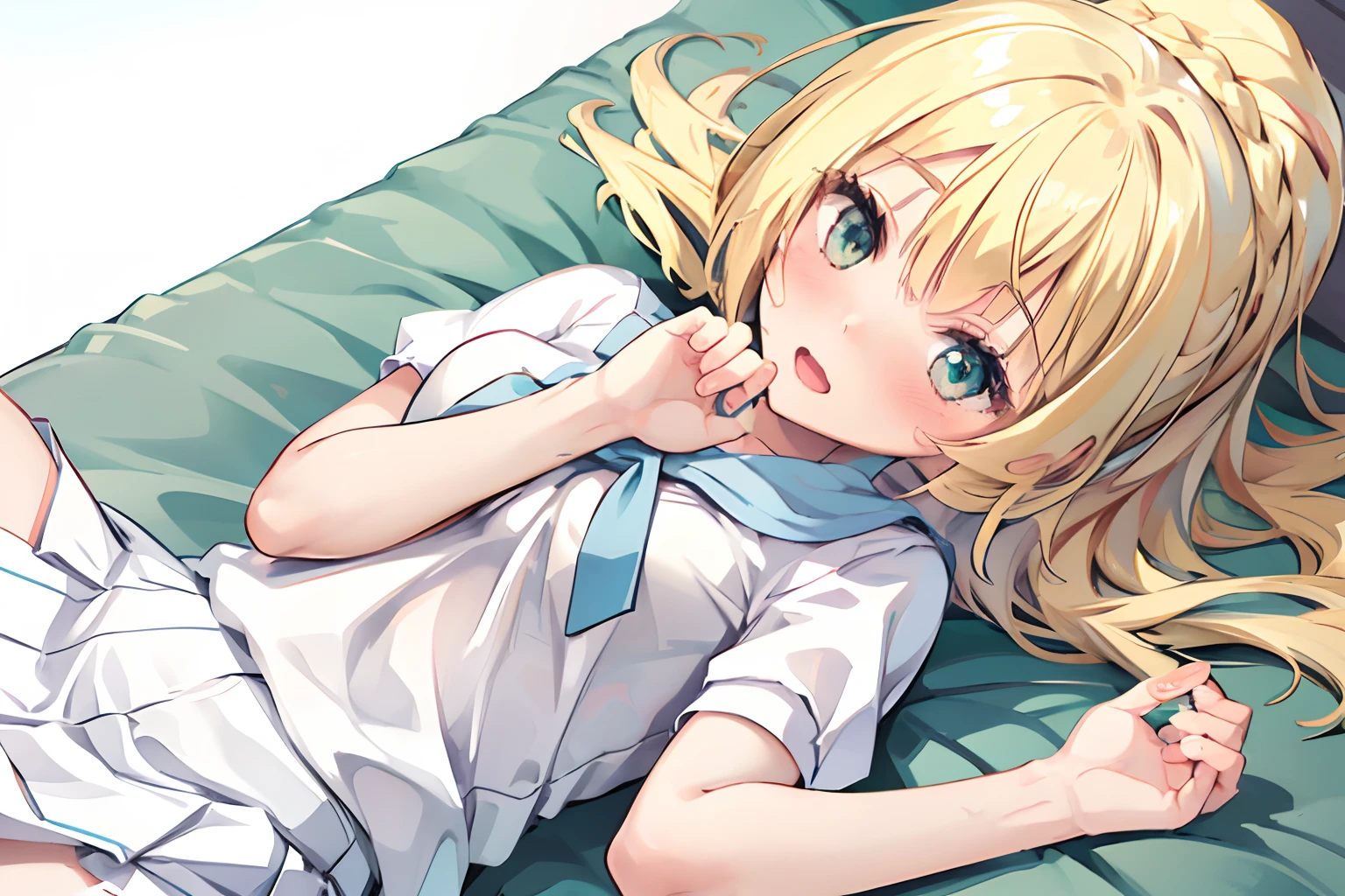 Lying down,a blond,Viewer's Perspective,Close-up of the face,Shy,blushed face,Squashed chest,Alily, Long hair, Ponytail, french braids, White shirt, Short sleeves, White skirt, Pleated skirt,Smile with open mouth,Top image quality,masutepiece,Best Quality
