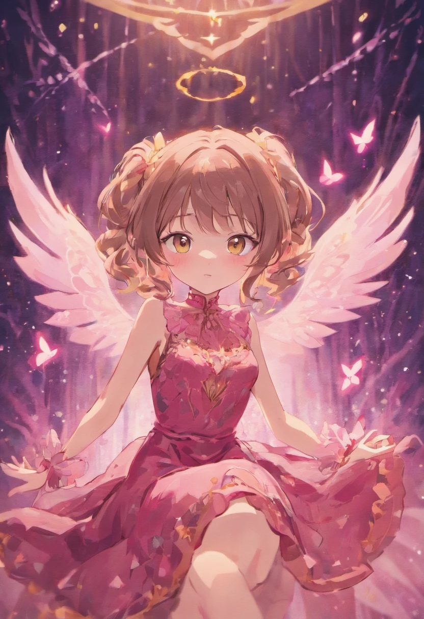 sitting, enchantix, pink night dress, sparkly brown eyes, girl, fairy wings, long dark brown hair