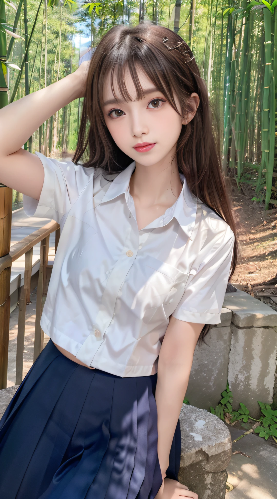 RAW, masterpiece, best quality, extremely detailed, 8k, HDR, photorealistic, intricate, A skinny Asian girl, she has an extremely slim body with narrow and small hips, long straight hair, wearing a short sleeves men shirt and white panties, smile, pose outdoors
