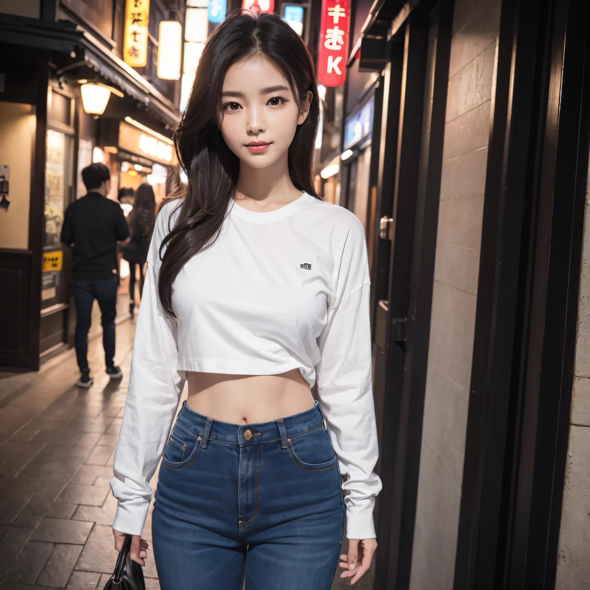 One lady、((best qualtiy、8k masterpieces:1.3))、foco nítido:1.2、(ultra beautiful faces:1.0)、(shinny skin:1.0)、photos realistic、A dark-haired、Video Lighting、High-definition eyes and face、Video Lighting、(Korean Cute Actress)、from the front side、medium breasts、Smile、Slender Abs Beauty、Whole body、wearing t-shirts、in tokyo at night