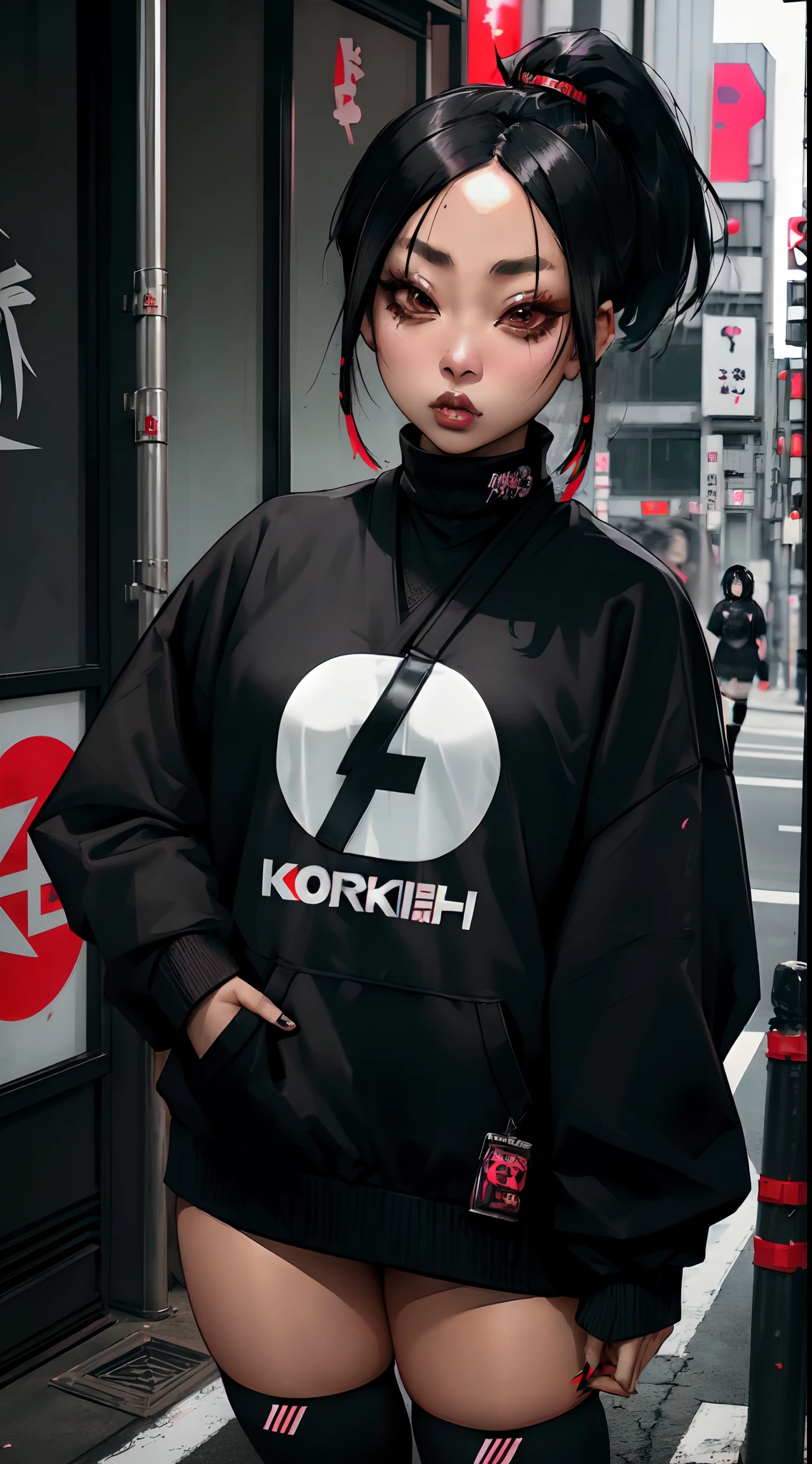 araffe asian woman with ponytail in black sweater and thigh high socks, japanese streetwear, she is wearing streetwear, portrait of a japanese , tokyo fashion, woman in streetwear, japanese city street fashion, harajuku street fashion, wearing japanese techwear, japanese street fashion, harajuku fashion, sui ishida with black hair, black hime cut hair
