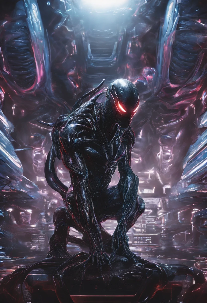 Digital art featuring a stylized, crouching figure reminiscent of Spider-Man in a dark, reflective hallway. The character is depicted in a black costume with a prominent, bright yellow spider emblem on the chest. The costume has a shiny, almost liquid texture, with rainbow-colored highlights, particularly on the mask, which features a vibrant multicolored visor. The background is a dimly lit tiled hallway with reflective surfaces, adding to the overall dark and mysterious atmosphere.