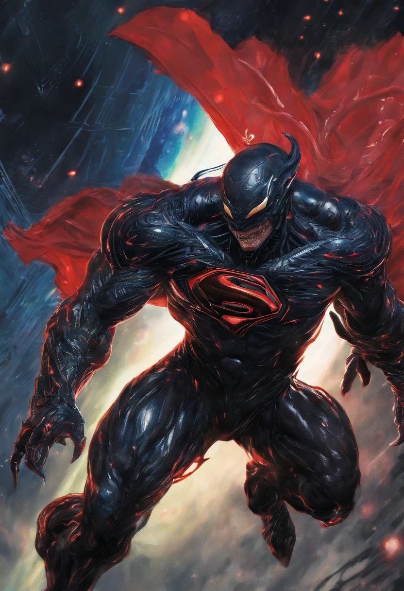 Venom binds Superman，Full body photo，Liquid armor，high - tech，Laser laser，Delicate picture