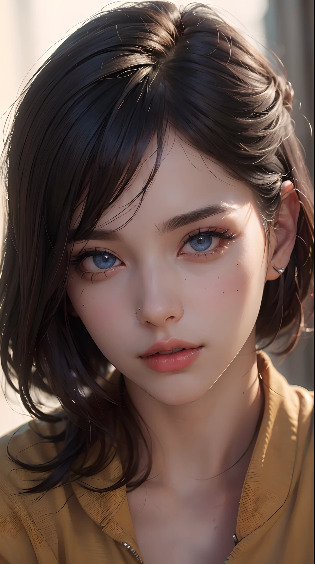 (best quality,4k,8k,highres,masterpiece:1.2), ultra-detailed, (realistic,photorealistic,photo-realistic:1.37),(beautiful detailed eyes, beautiful detailed lips, extremely detailed eyes and face, long eyelashes),studio lighting,physically-based rendering,vivid colors,(Shirt with tiger face on it, woman with short cut),