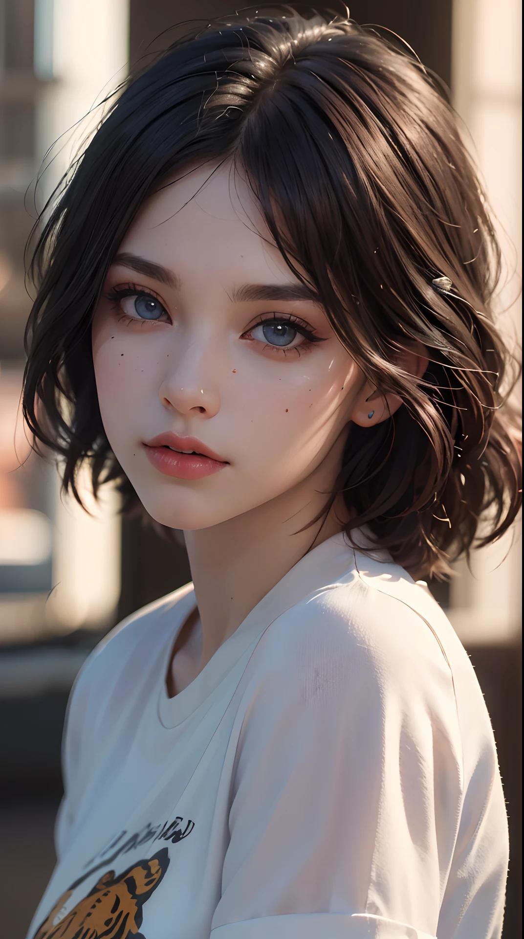 (best quality,4k,8k,highres,masterpiece:1.2), ultra-detailed, (realistic,photorealistic,photo-realistic:1.37),(beautiful detailed eyes, beautiful detailed lips, extremely detailed eyes and face, long eyelashes),studio lighting,physically-based rendering,vivid colors,(Shirt with tiger face on it, woman with short cut),