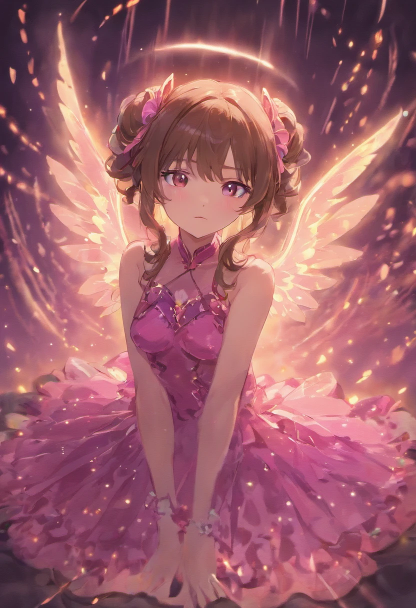 sitting, enchantix, pink night dress, sparkly brown eyes, girl, fairy wings, long dark brown hair adult