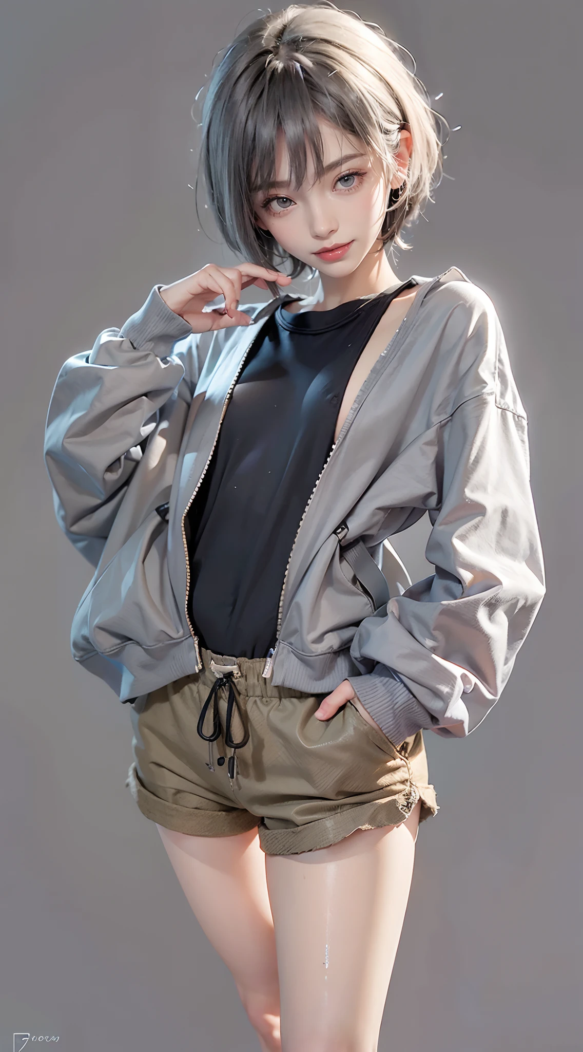 ((Grey Dolphin Shorts)), Sweatshirt, livingroom, Smiling smile, (The FW), 1womanl, 独奏, 24 year old, 7headed body, (Ideal ratio body proportions), (Composition from head to thigh), erectile nipple, Sexy body, Wet, short-hair, A dark-haired, small tits, A slender, Small buttocks, beauty legs, Skinny Legs, surrealism, Cinematic lighting, depth of fields, One-person viewpoint, F/1.8, 135 mm, nffsw, masutepiece, ccurate, ((Anatomically correct)), Textured skin, Super Detail, high details, High quality, awardwinning, Best Quality, hight resolution, 8K