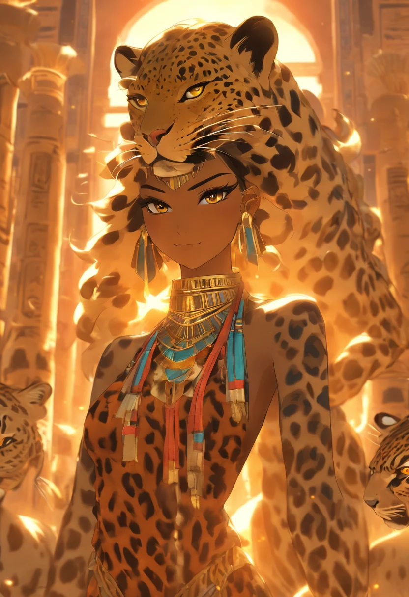 (((Leopard Skin Goddess))) best quality, very high resolution, 4K detailed CG, masterpiece, Egyptian mythology, Seshat, woman, black hair, sun in the background, Ancient Egypt, Egyptian temple, leopard skin, Egyptian clothing, desert, Ancient Egypt, Egyptian mythology, ((leopard skin)), Egyptian palace, aesthetics, beautiful image, centered on the screen, standing pose