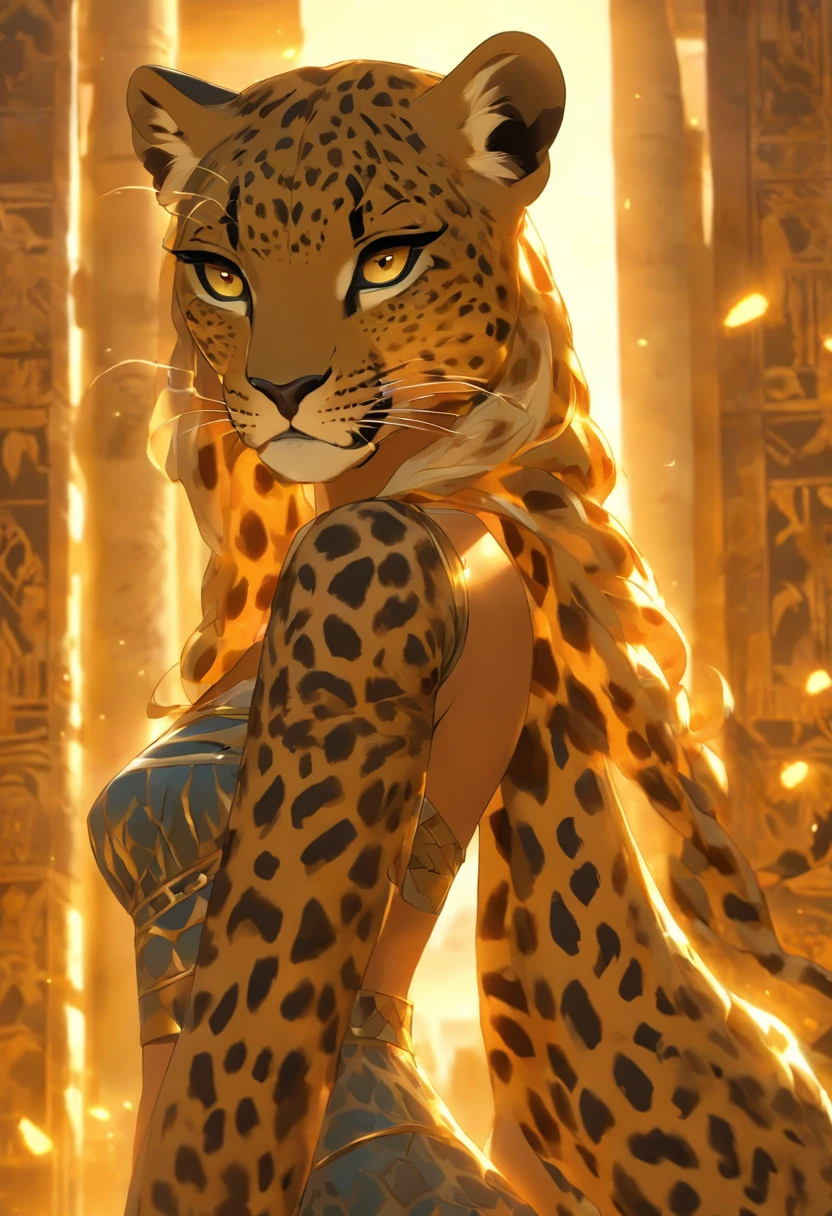 (((Leopard Skin Goddess))) best quality, very high resolution, 4K detailed CG, masterpiece, Egyptian mythology, Seshat, woman, black hair, sun in the background, Ancient Egypt, Egyptian temple, leopard skin, Egyptian clothing, desert, Ancient Egypt, Egyptian mythology, ((leopard skin)), Egyptian palace, aesthetics, beautiful image, centered on the screen, standing pose