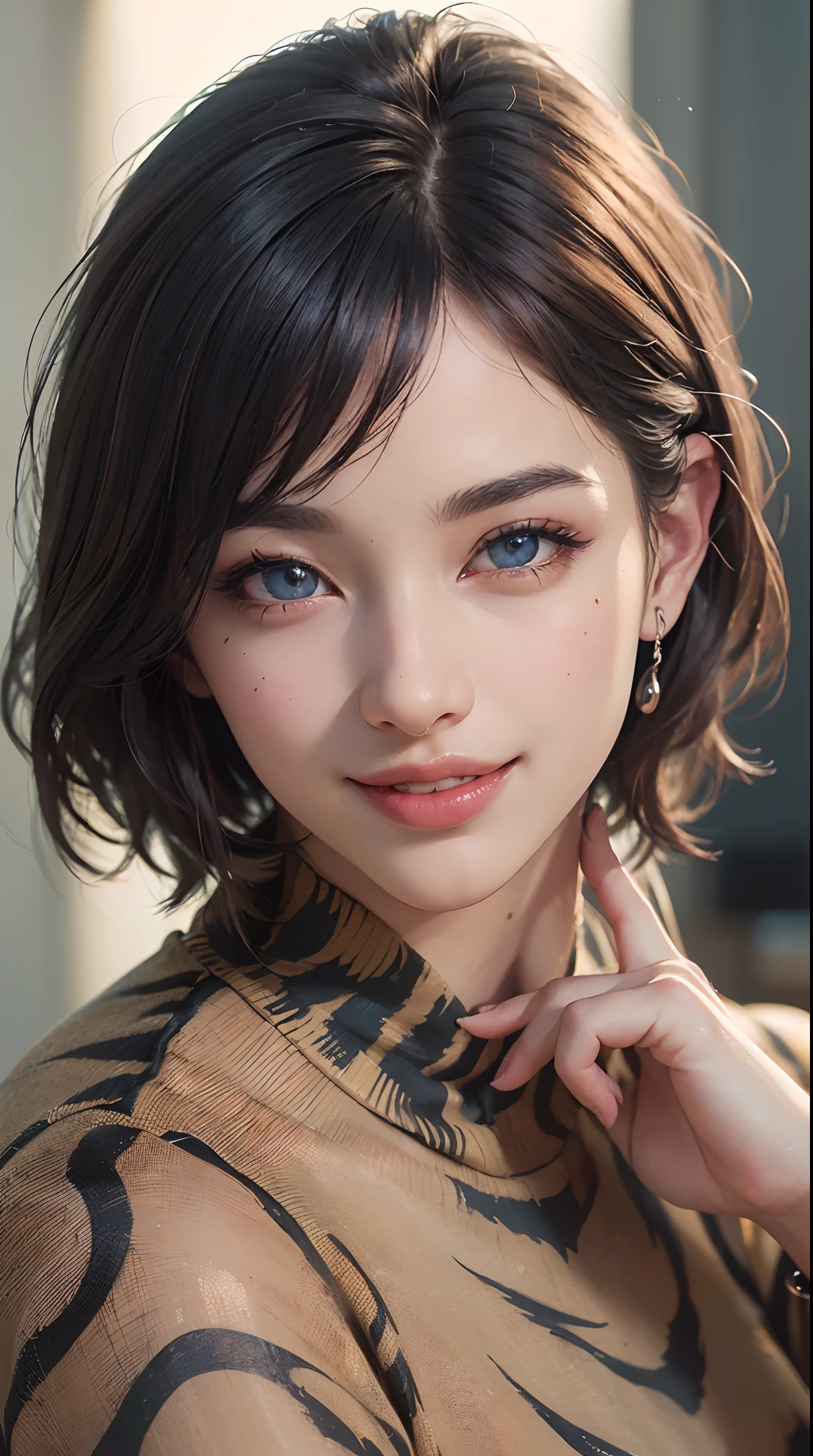 (best quality,4k,8k,highres,masterpiece:1.2), ultra-detailed, (realistic,photorealistic,photo-realistic:1.37),(beautiful detailed eyes, beautiful detailed lips, extremely detailed eyes and face, long eyelashes),studio lighting,physically-based rendering,vivid colors,(Shirt with illustration of a tiger's face, woman with short cut, big smiles:1.2),