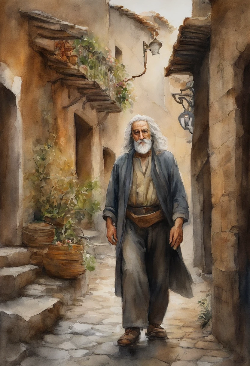 A street where alleys meet, Middle-aged male character,Jesus, with gray hair,The beard is unshaved. His expression of pain froze on his pale face, Lying on a cobblestone floor, The scene we saw from above, A delicate figure in the alley