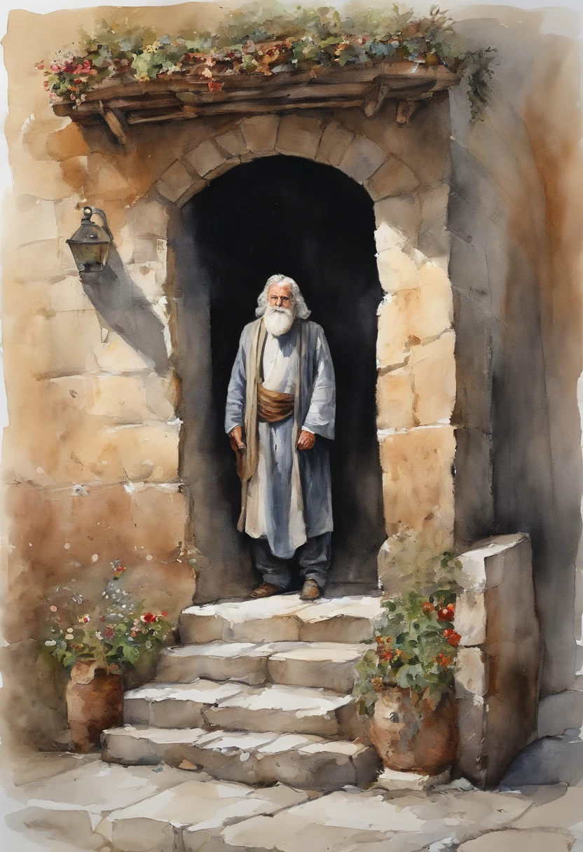 A street where alleys meet, Middle-aged male character,Jesus, with gray hair,The beard is unshaved. His expression of pain froze on his pale face, Lying on a cobblestone floor, The scene we saw from above, A delicate figure in the alley