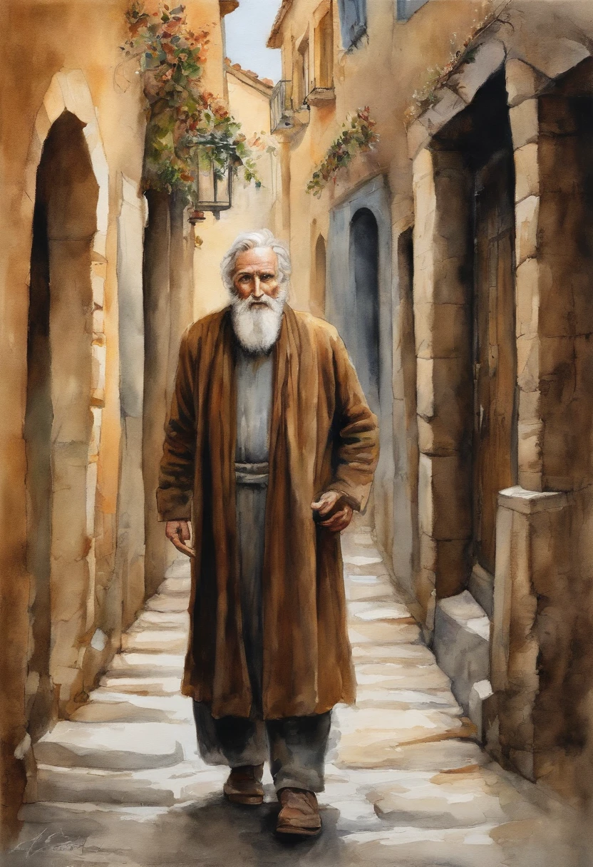 A street where alleys meet, Middle-aged male character,Jesus, with gray hair,The beard is unshaved. His expression of pain froze on his pale face, Lying on a cobblestone floor, The scene we saw from above, A delicate figure in the alley