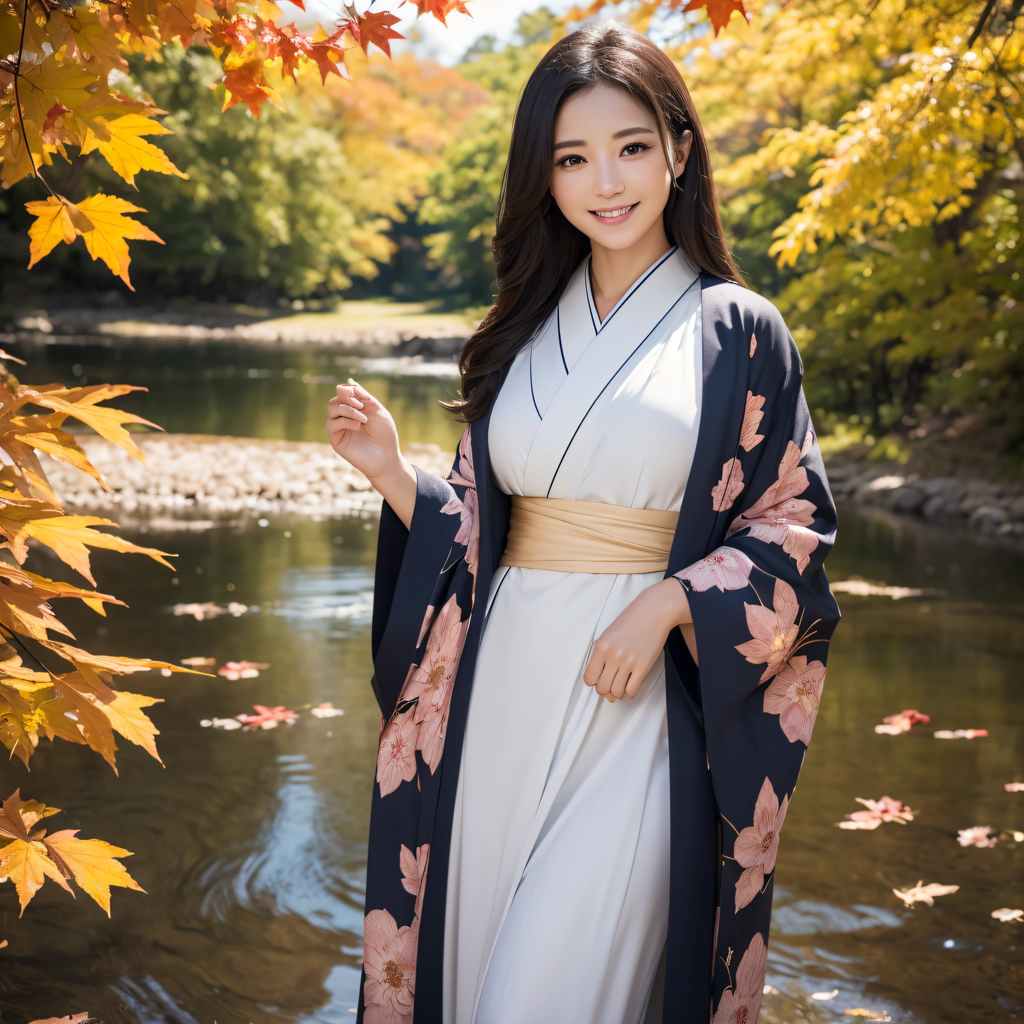 (Super beautiful woman in kimono)、((best qualtiy、8k masterpieces:1.3))、foco nítido:1.2、(ultra beautiful faces:1.0)、(shinny skin:1.0)、photos realistic、A dark-haired、Video Lighting、High-definition eyes and face、Video Lighting、Japanese actressl、from the front side、medium breasts、With a happy smile、wearing kimonos、Under the autumn leaves、