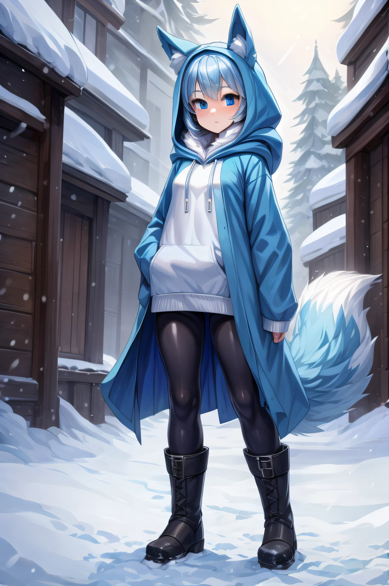 (Masterpiece) (High Detail) (High Res) A short petite humanoid girl with pale human skin and blue eyes and long blue hair and blue dog ears and a fluffy dog tail is wearing a large coat with a fluffy hood, and some black leggings and boots and is stood out in the snow.