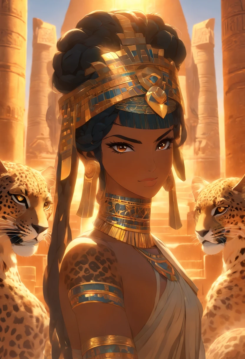 (((Black hair goddess))) best quality, very high resolution, 4K detailed CG, masterpiece, Egyptian mythology, Seshat, woman, black hair, sun in the background, Ancient Egypt, Egyptian temple, leopard skin, clothes Egyptians, desert, Ancient Egypt, Egyptian mythology, ((leopard skin)), Egyptian palace, aesthetics, beautiful image, centered on the screen, standing pose