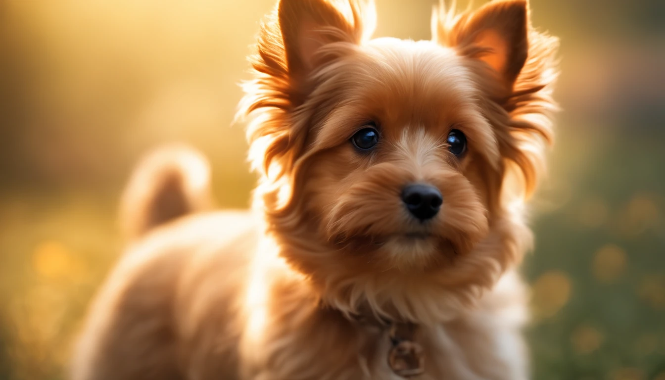 Very cute cavoodlepup illustration，8k解像度，A high resolution，超詳細，Explicit focus on ultra-high-definition Yorkshire Terriers very detailed character design。Edge lights、The use of soft light and solar flares should add depth and mood to the image。fluffly、A foggy light gold floral background with a subtle mist effect is ideal，Add a touch of mystery to the illustration。Vibrancy Colors should be used to bring the puppy to life，Emphasize the puppy's fluff and character