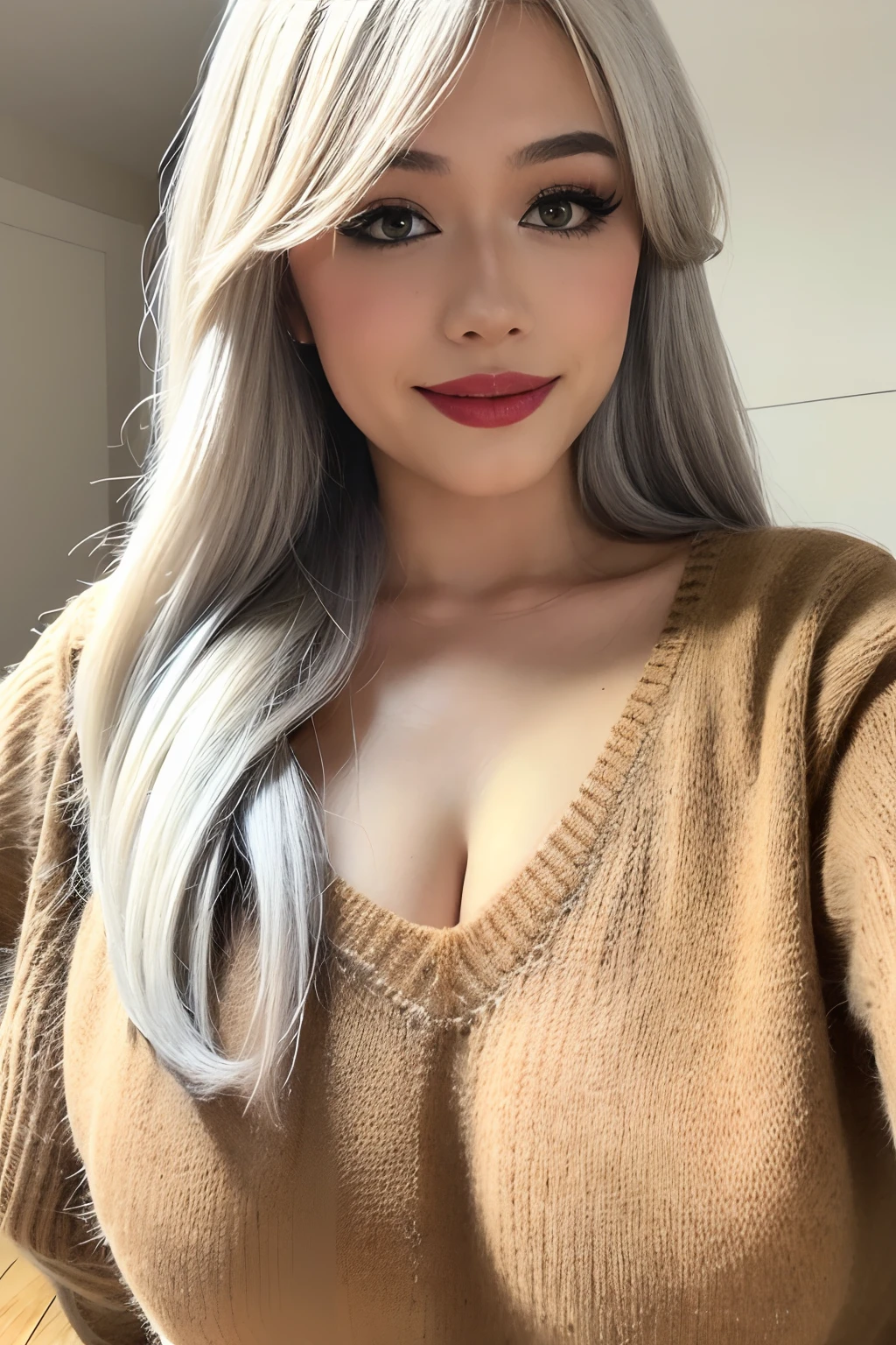 best quality,highres,ultra-detailed,realistic:1.37,portrait, makeup, eyeliner, good proportions, white hair, sexiest quality, smirk, facing forward, (yellowish beige sweater), (v-neck),