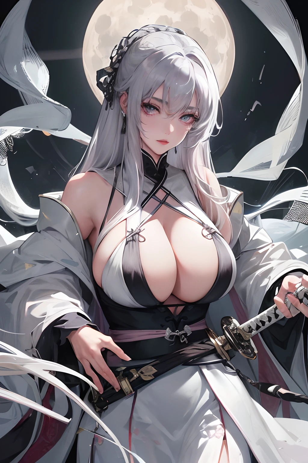 8K, Masterpiece, Best quality, Night, full moon, 1 girl, Chinese style, Mature woman, sister, Silver white long haired woman, Shawl, Light pink lips, calm, Logical, Three straps, Gray pupils, assassins, Fan, sword,huge tit