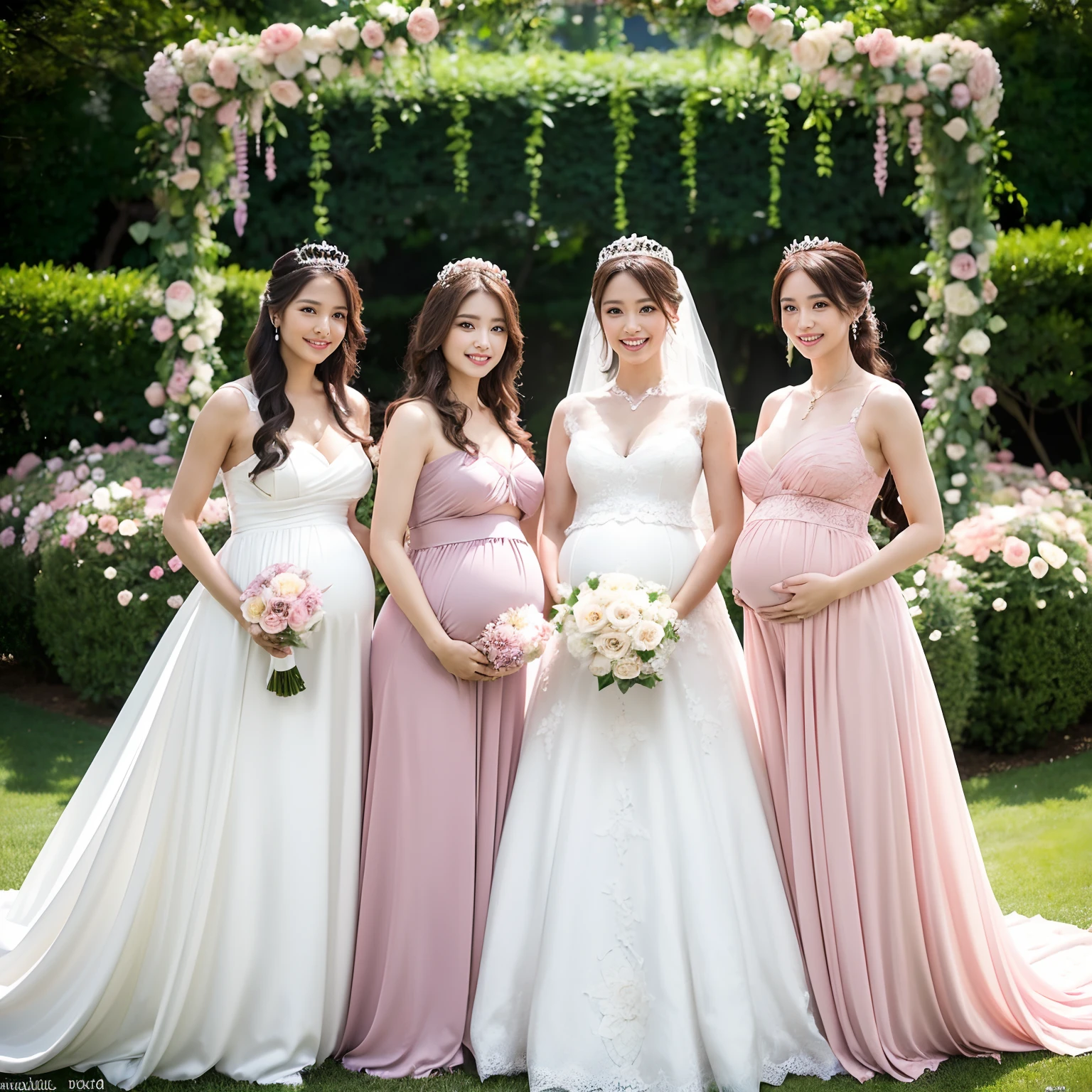 ((5 pregnant women,5 Pregnant women,5 Pregnant women,Multiple pregnant women,5 Japan pregnant women,Pregnant,5 pregnant women in Japan,Pregnant women,Pregnancy,Japan pregnant women,Big belly,Very big belly)),(Smile here,View here,Looking at the camera),finerly detailed face,Lifelike face,Clean teeth,White teeth,perfect teeth,A slight smil,beautiful tiara,Tiara tiara and jewelry,Sparkling tiara,8K、hightquality、The best images、beautiful image、flower gardens、(Flower Tunnel,Arch of roses,Flower Arch,A large amount of roses,surrounded by flower,a large amount of flowers,Pink and white roses,numerous roses,Pink roses,white roses,Three brides surrounded by flowers)、5 comforts、A slight smil、wedding dress、Fantastical