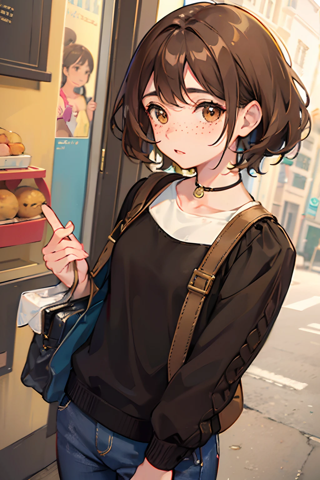 Chica, tierna, brown eyes, gordita, rellenita, short wavy brown hair, Wear a sweater and pants that fit your body, Shy look, small freckles on the face.