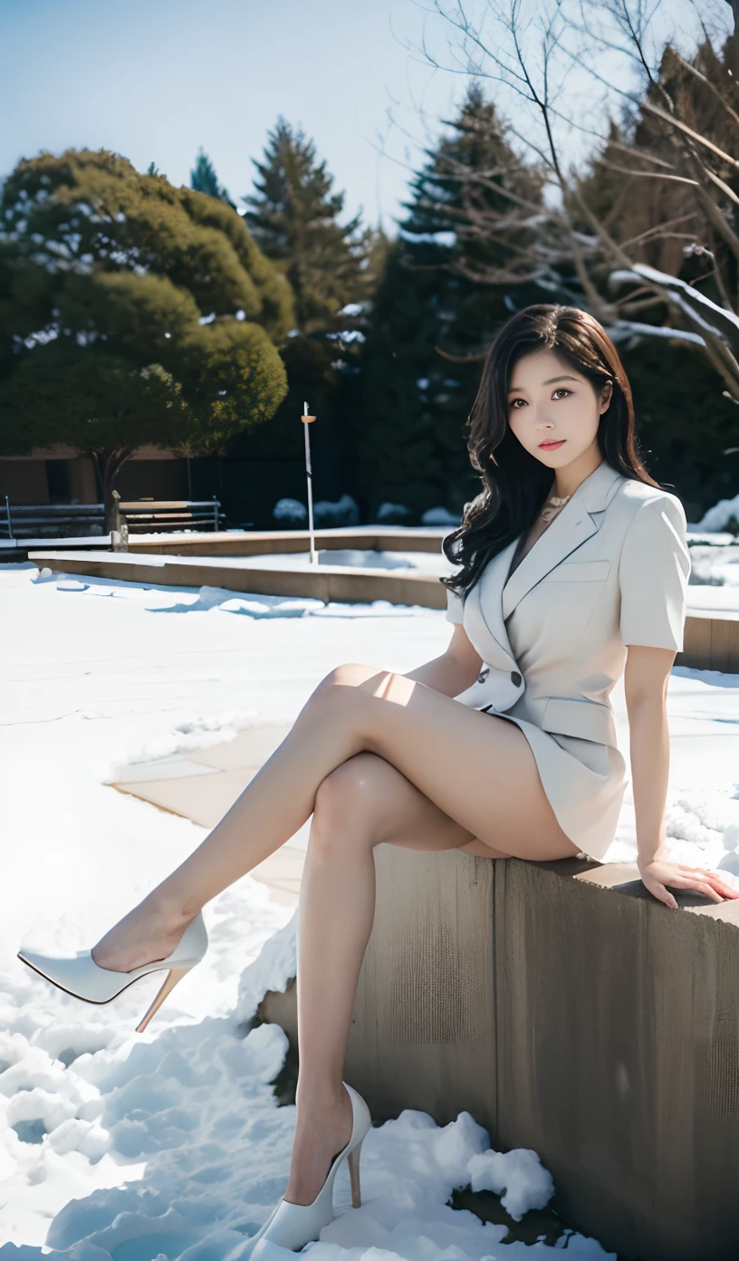 A Japanese Lady、beauitful face、二重まぶた、Big eyes、Long Black Hair、Suits、Micro shorts、beauty legs、Raw feet、pin heels、tall、model poses、cross one's legs、Leg Pose、Oyuki、snow cover、snow blowing、Visibility is poor due to snow