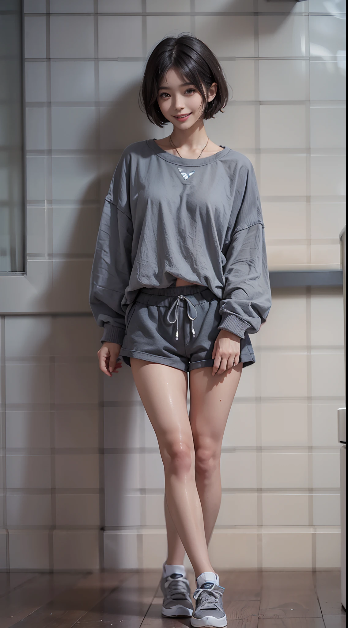 ((Grey Dolphin Shorts)), Sweatshirt, Dining room, Smiling smile, (NSFW), 1womanl, 独奏, 24 year old, 7headed body, (Ideal ratio body proportions), (Composition from head to thigh), erectile nipple, Sexy body, Wet, short-hair, A dark-haired, small tits, A slender, Small buttocks, beauty legs, Skinny Legs, surrealism, Cinematic lighting, depth of fields, One-person viewpoint, F/1.8, 135 mm, nffsw, masutepiece, ccurate, ((Anatomically correct)), Textured skin, Super Detail, high details, High quality, awardwinning, Best Quality, hight resolution, 8K