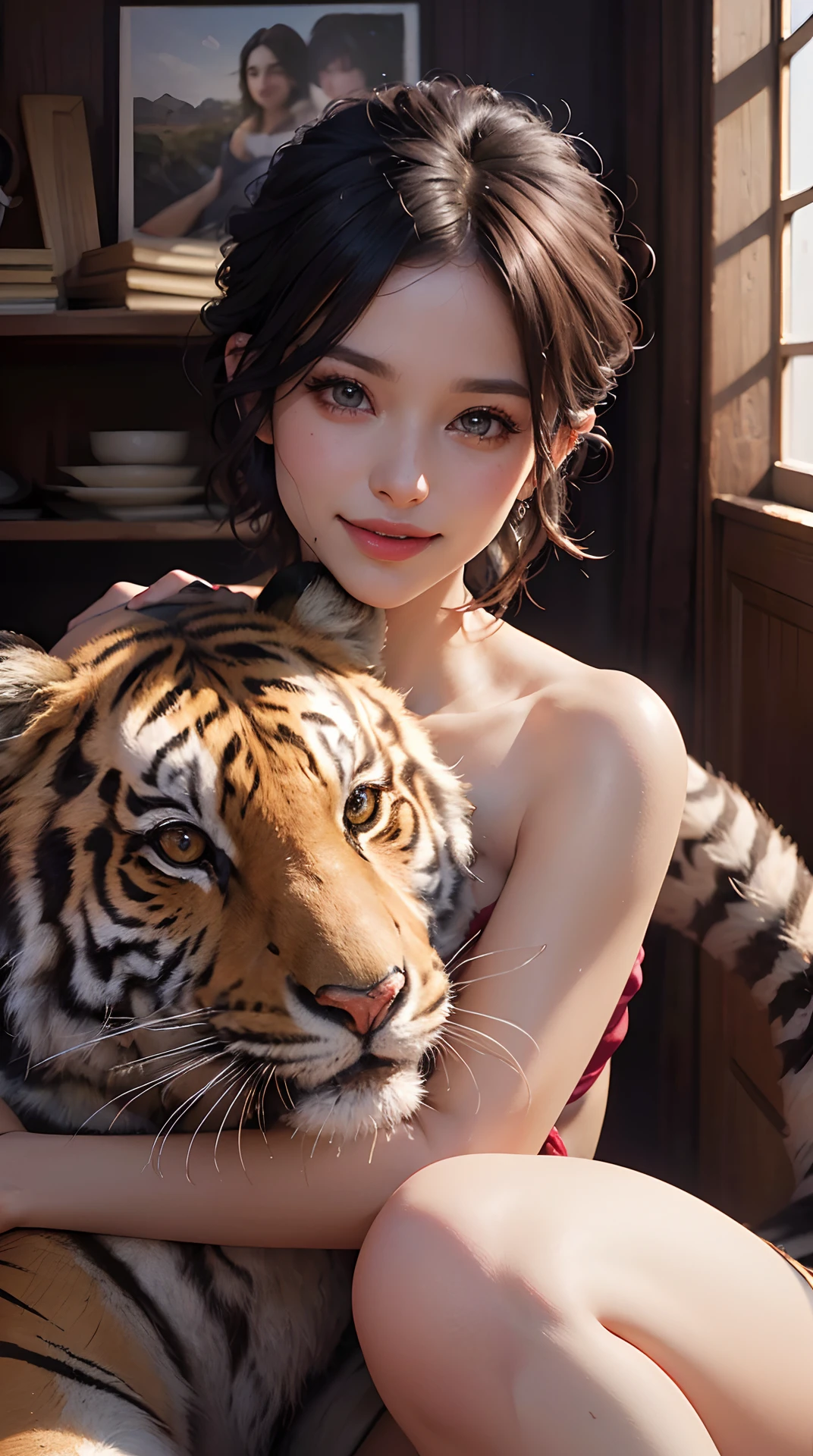 (best quality,4k,8k,highres,masterpiece:1.2), ultra-detailed, (realistic,photorealistic,photo-realistic:1.37),(beautiful detailed eyes, beautiful detailed lips, extremely detailed eyes and face, long eyelashes),studio lighting,physically-based rendering,vivid colors,(Woman hugging a tiger, woman with short cut, big smiles:1.2),