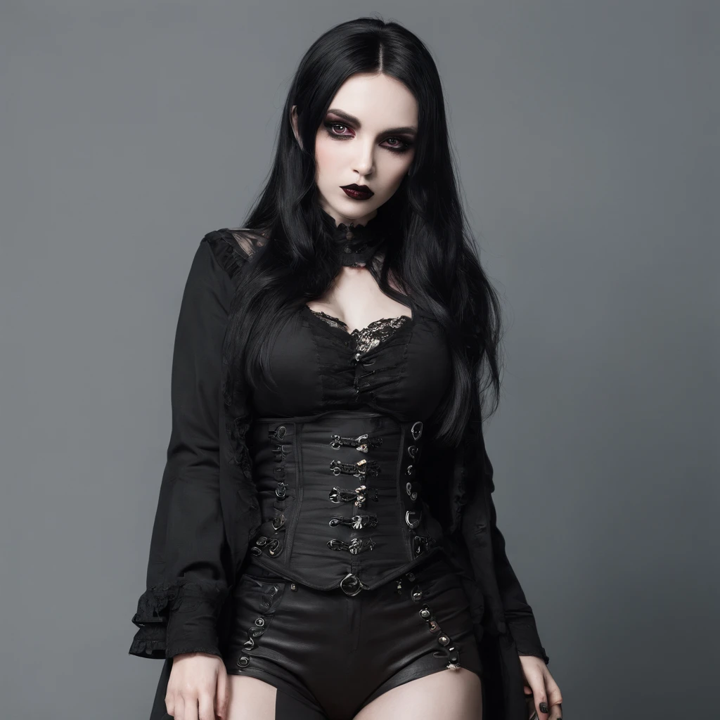 Girl with gothic clothes, black hair, large bloated round belly