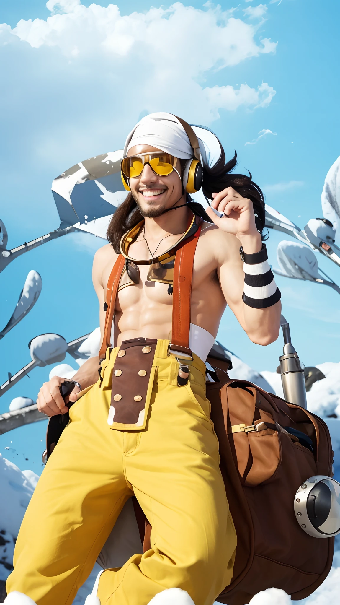 he has a long nose,he smile,Usopp becomes more muscular and grows his hair. He is slightly taller, Usopp now has a new pair of goggles around his neck (his sniper goggles are not shown) and has some headphones or active ear protection. He also now has a small beard along with a new white suncap that he wears on his head. He also has a pair of new rolled up yellow pants with red suspenders and a pair of boots. His signature bag is red, he has a blue and white striped bracelet on his left arm.