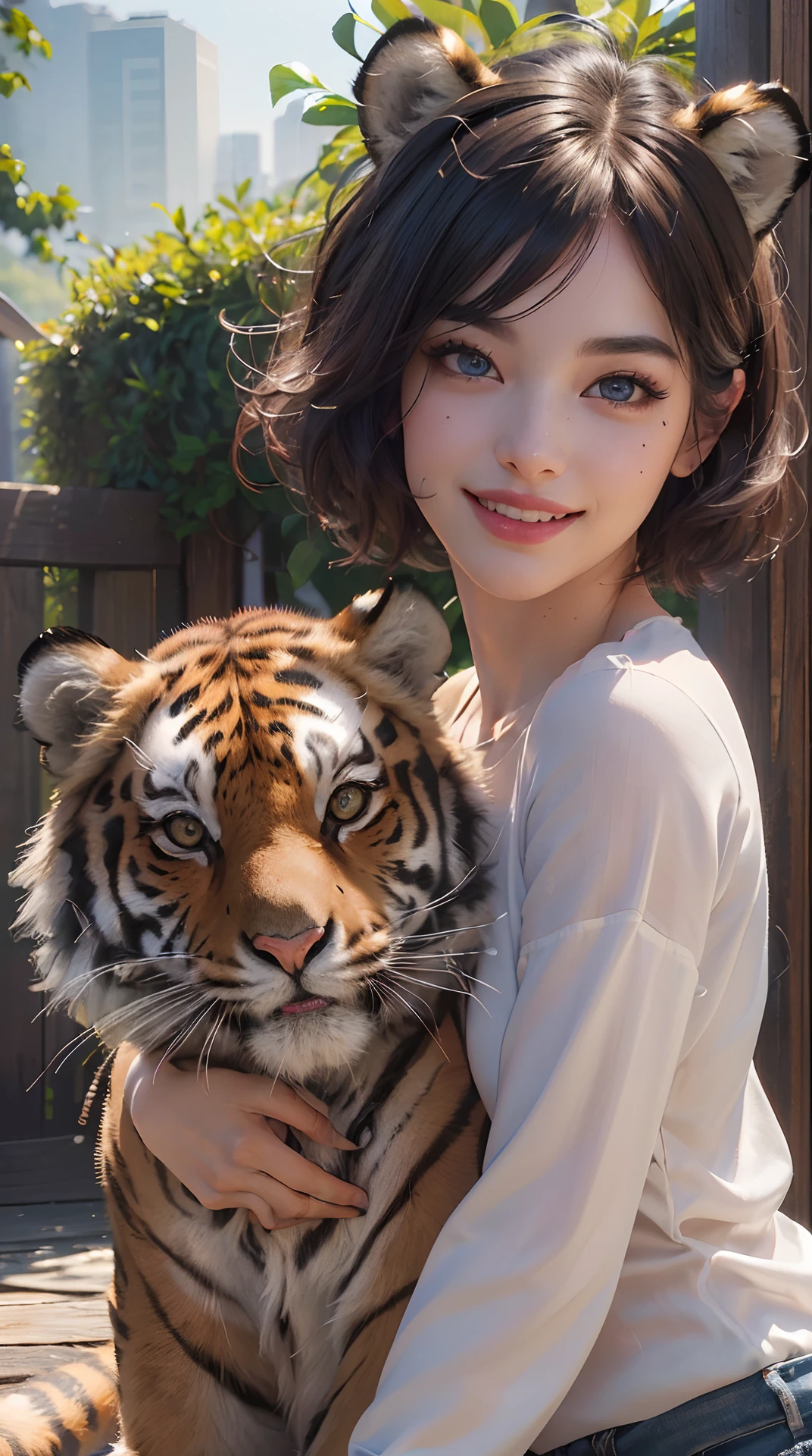 (best quality,4k,8k,highres,masterpiece:1.2), ultra-detailed, (realistic,photorealistic,photo-realistic:1.37),(beautiful detailed eyes, beautiful detailed lips, extremely detailed eyes and face, long eyelashes),studio lighting,physically-based rendering,vivid colors,(Shirt with tiger face on it, woman with short cut, big smiles:1.2),