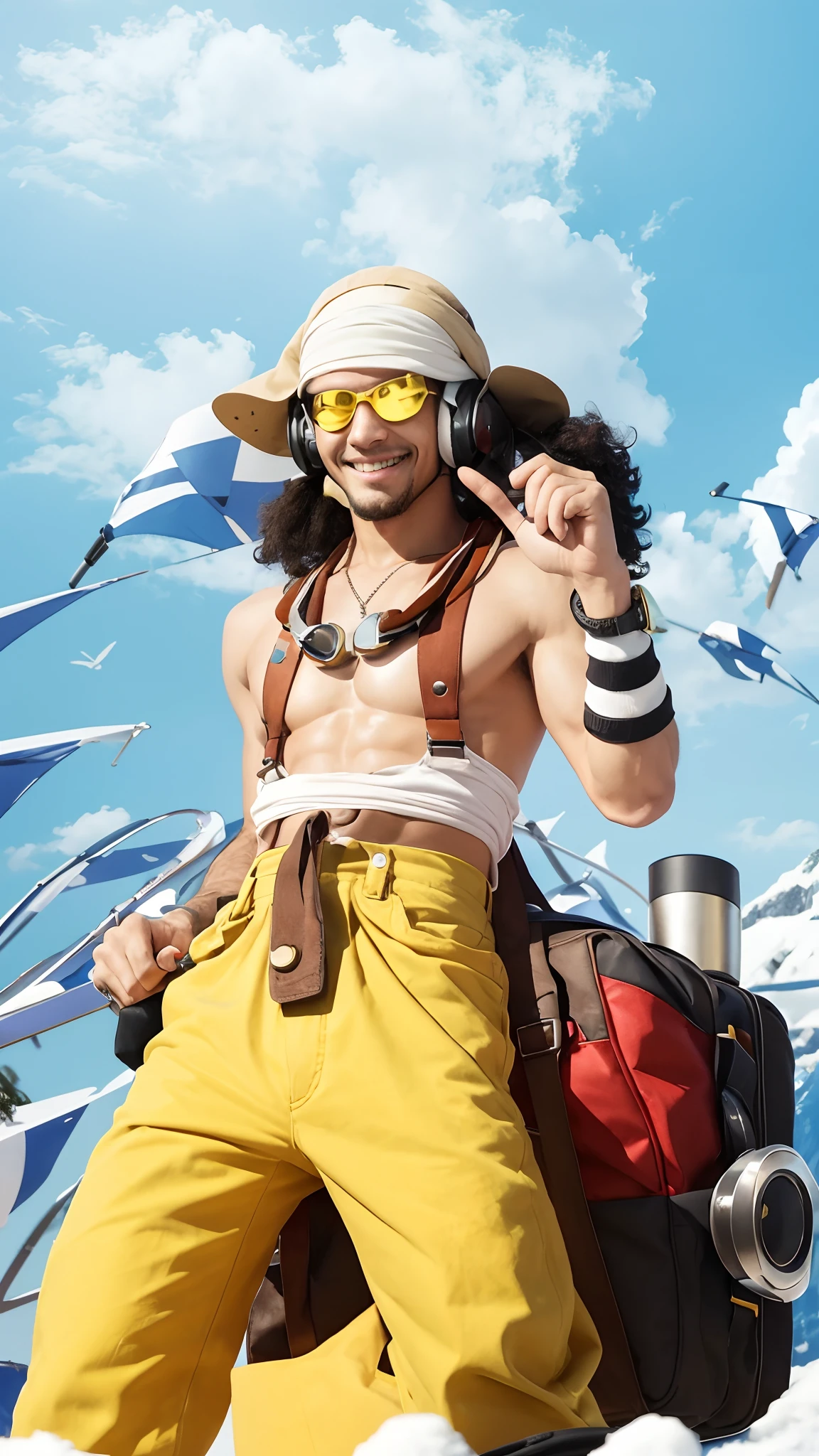 he has a long nose,he smile,Usopp becomes more muscular and grows his hair. He is slightly taller, Usopp now has a new pair of goggles around his neck (his sniper goggles are not shown) and has some headphones or active ear protection. He also now has a small beard along with a new white suncap that he wears on his head. He also has a pair of new rolled up yellow pants with red suspenders and a pair of boots. His signature bag is red, he has a blue and white striped bracelet on his left arm.