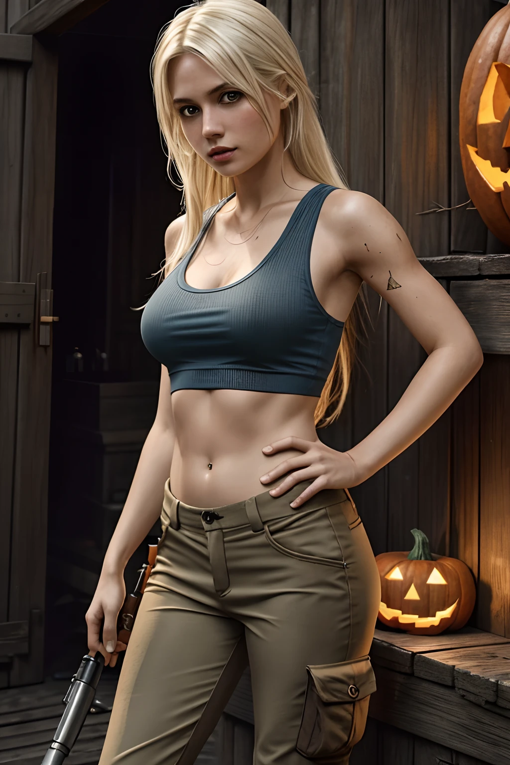 1girl in, 19, Solo, Aesthetic artwork, platinum blonde hair, long straight hair, detailed hair, full c cup breasts, c-cup, slender body, Full body, detailed skin texture, Laura Croft costume, tomb Raider costume, blue tank top, dirty blue tank top, brown khaki pants, brown hiking pants, Halloween decorations, jack-o'-lantern, (extremely detailed 8k wallpaper), soft lighting, high quality, film grain, Fujifilm XT3 sharp focus, f 5.6, 50mm, High Detail, Sharp focus,(natural light), (seductive), Realistic, ultra realistic, photo realistic